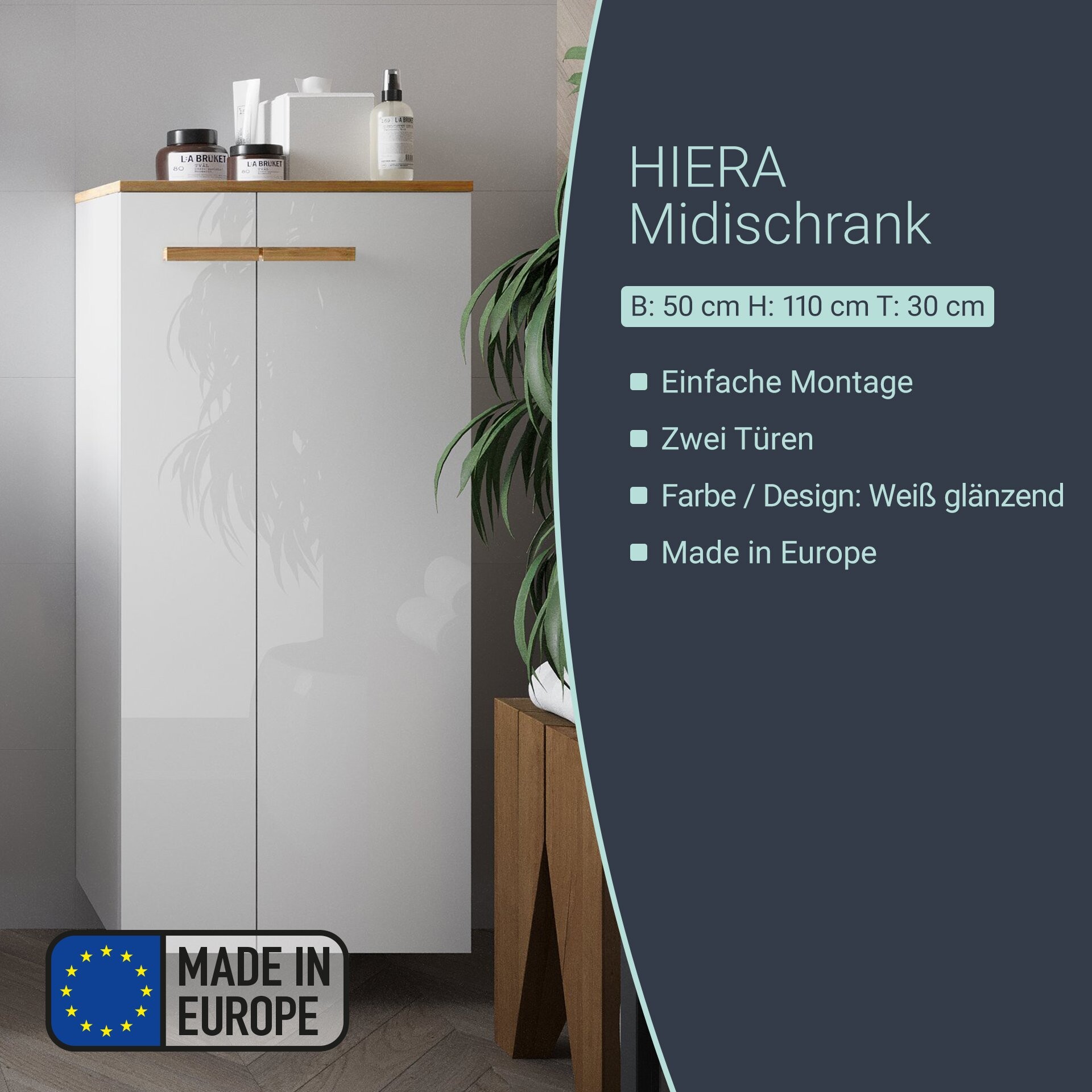 BADEDU HIERA Midischrank 50 cm breit, Weiß