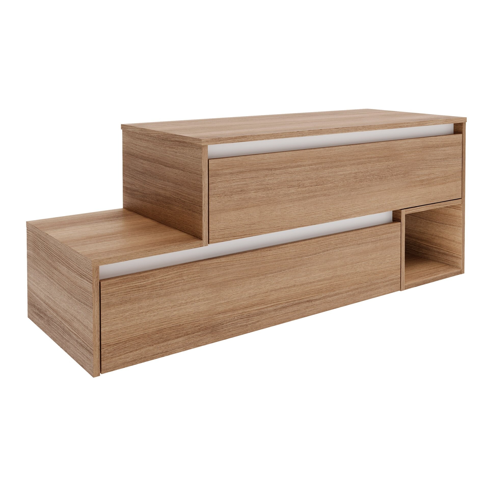 FACKELMANN VITA Waschbeckenunterschrank 129 cm breit, Braun hell, mit weißen Blenden, 1 Fach, Ablage links, asymmetrisch FACKELMANN VITA Waschbeckenunterschrank 129 cm breit, Braun hell, mit weißen Blenden, 1 Fach, Ablage links, asymmetrisch