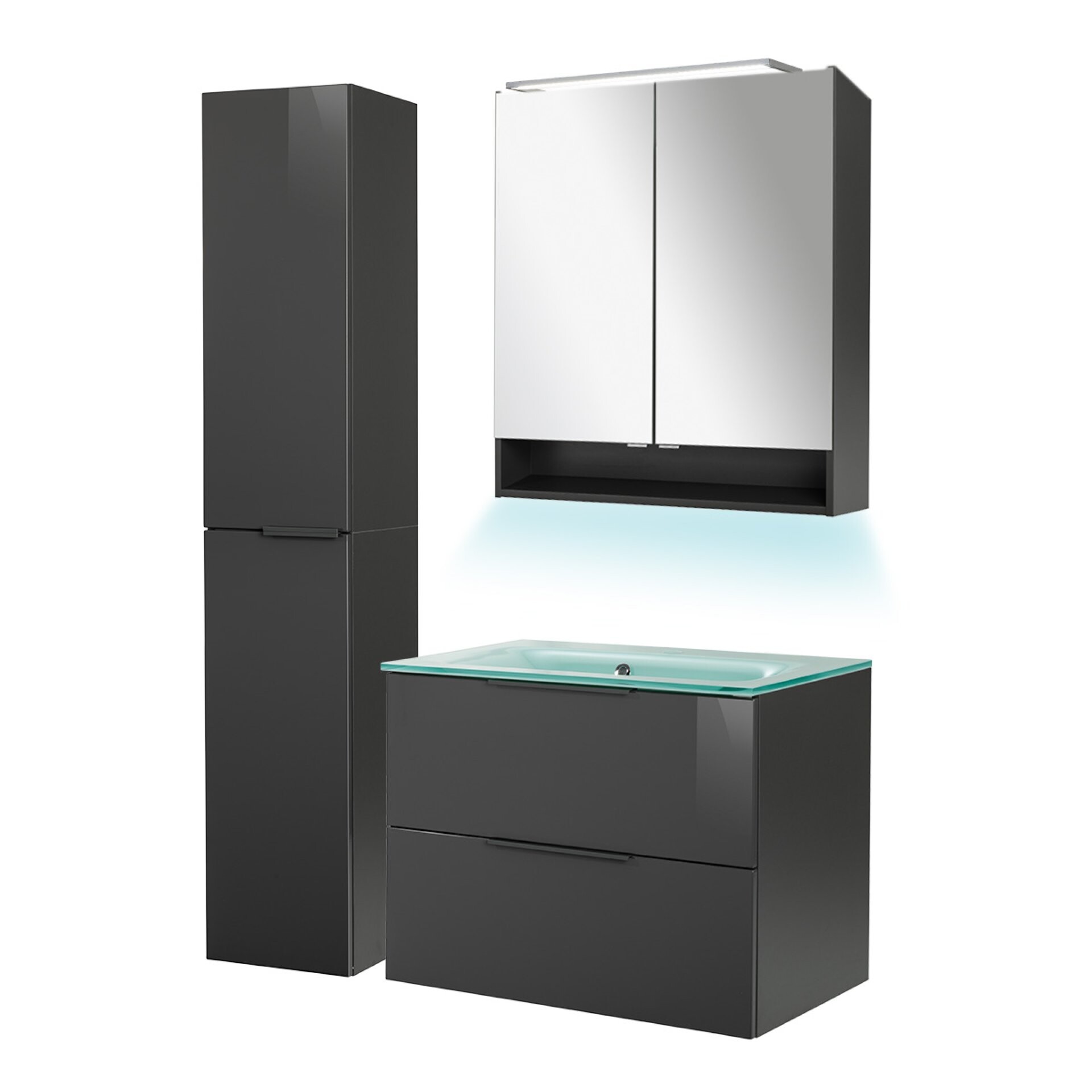 Fackelmann LUNA Badmöbel Set 5-teilig, 80 cm breit, Anthrazit, Glas Mint+Spiegelschrank+Hochschrank Fackelmann LUNA Badmöbel Set 5-teilig, 80 cm breit, Anthrazit, Glas Mint+Spiegelschrank+Hochschrank