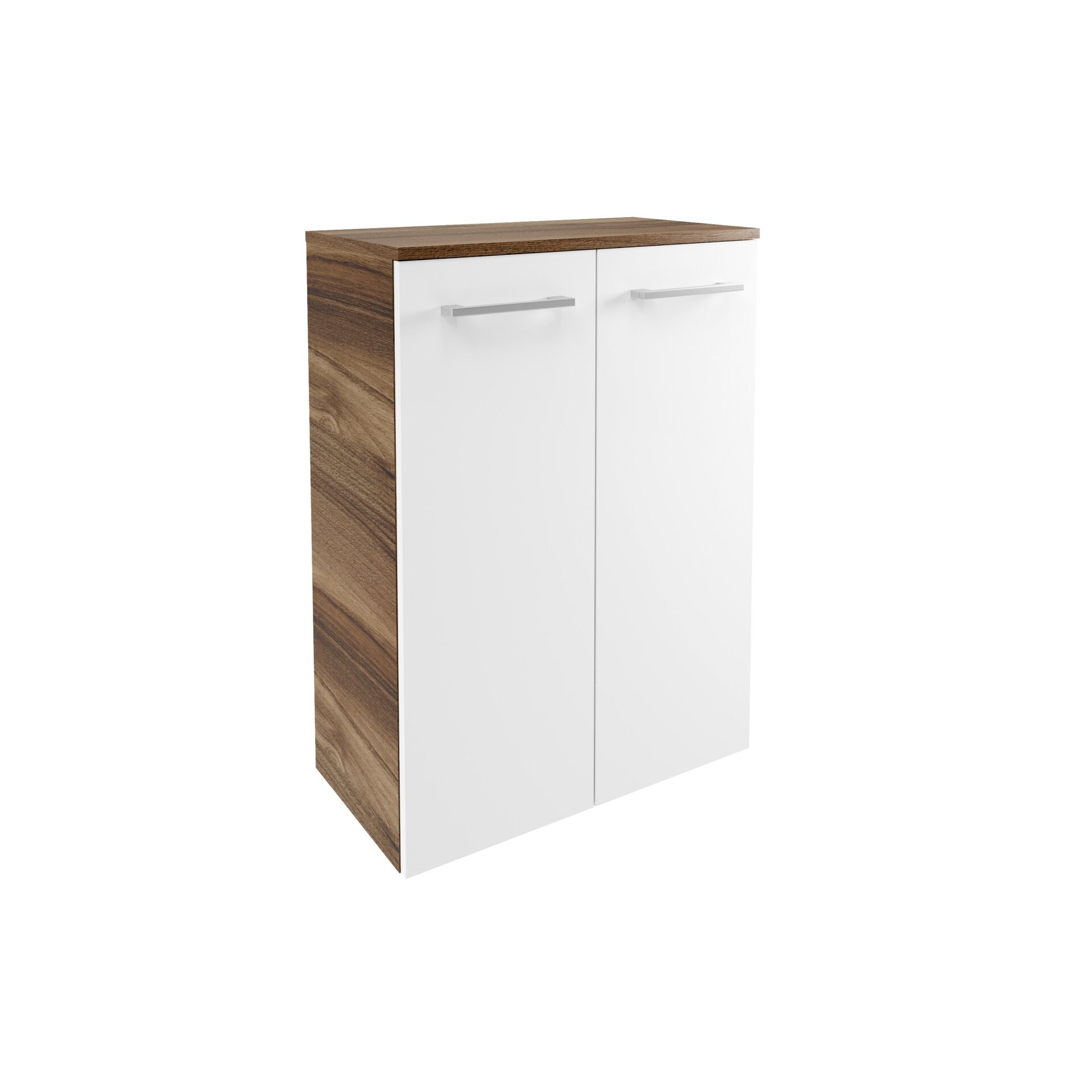 FACKELMANN VERONA Doppel Midischrank 60 cm, Braun Dunkel/Weiß Hochglanz mit Wäschekorb