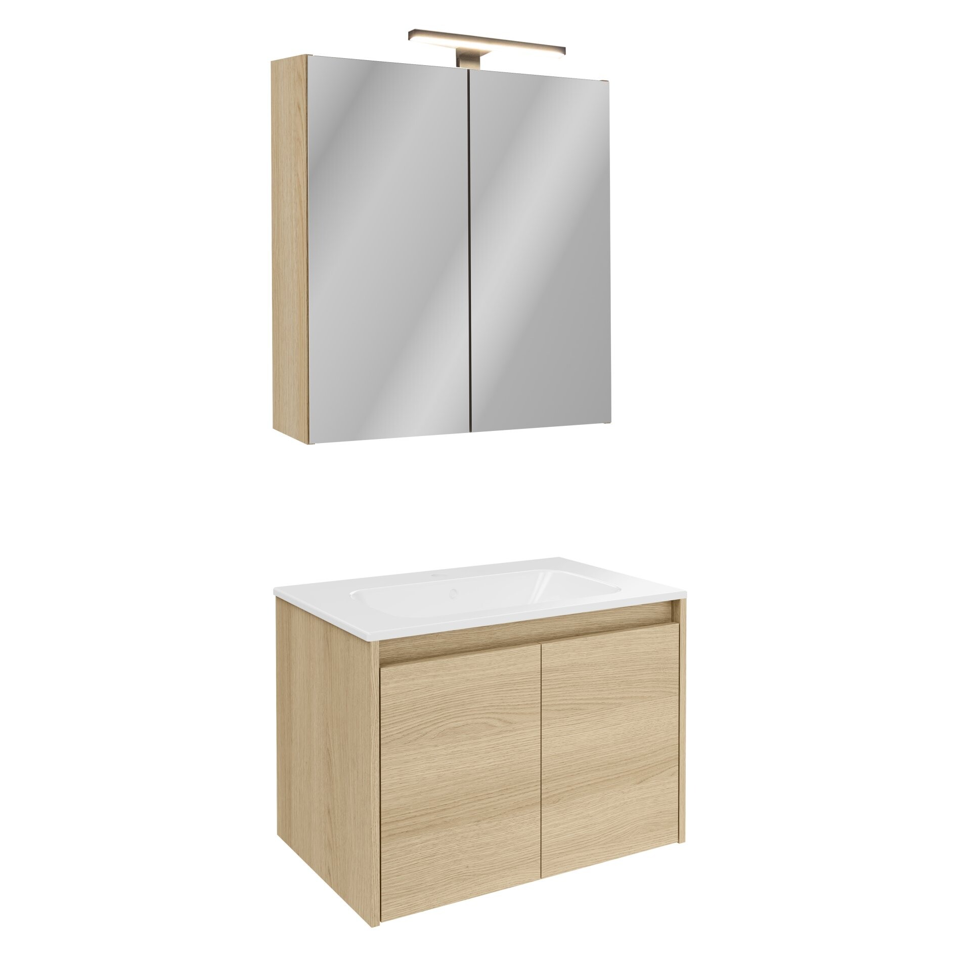 FACKELMANN COMPACT LINE Waschtisch Set mit Spiegelschrank 71 cm breit, Braun hell, Waschbecken Keramik Weiß, inklusive Aufsatzleuchte und Energie Box