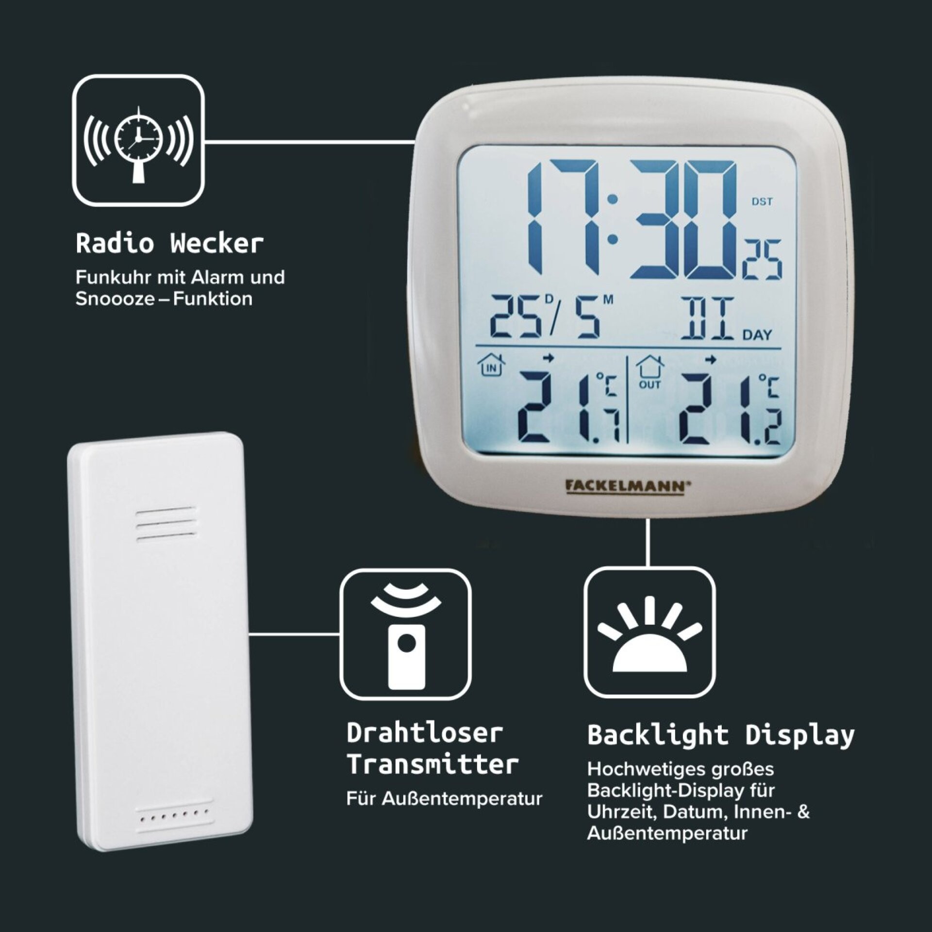 Fackelmann Digital Thermometer Funkuhr Box