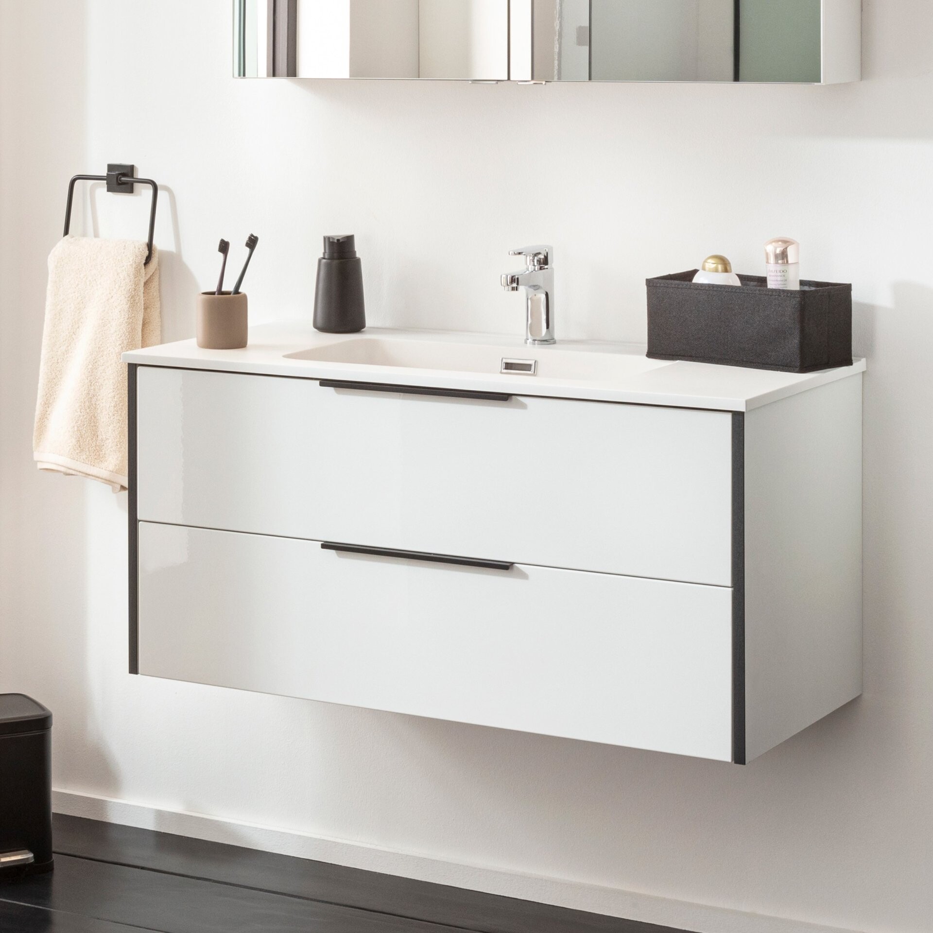 FACKELMANN FLAIR Waschbecken mit Unterschrank 101 cm breit, Weiß/Anthrazit, Waschbecken Gussmarmor Weiß matt