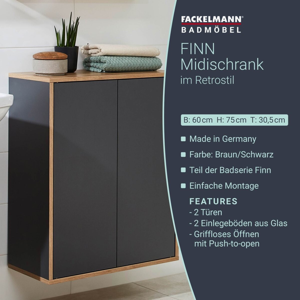 Fackelmann FINN Doppel Midischrank 60 cm, Braun hell/Anthrazit Fackelmann FINN Doppel Midischrank 60 cm, Braun hell/Anthrazit