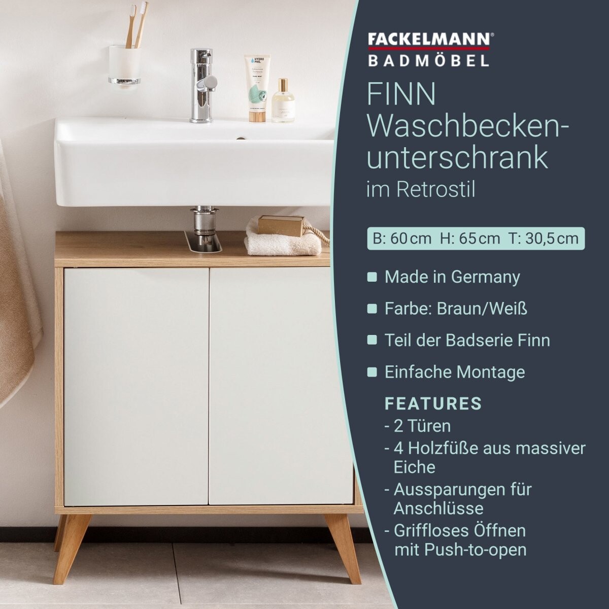 Fackelmann FINN Waschbeckenunterschrank 60 cm breit mit Füßen, Braun hell/Weiß