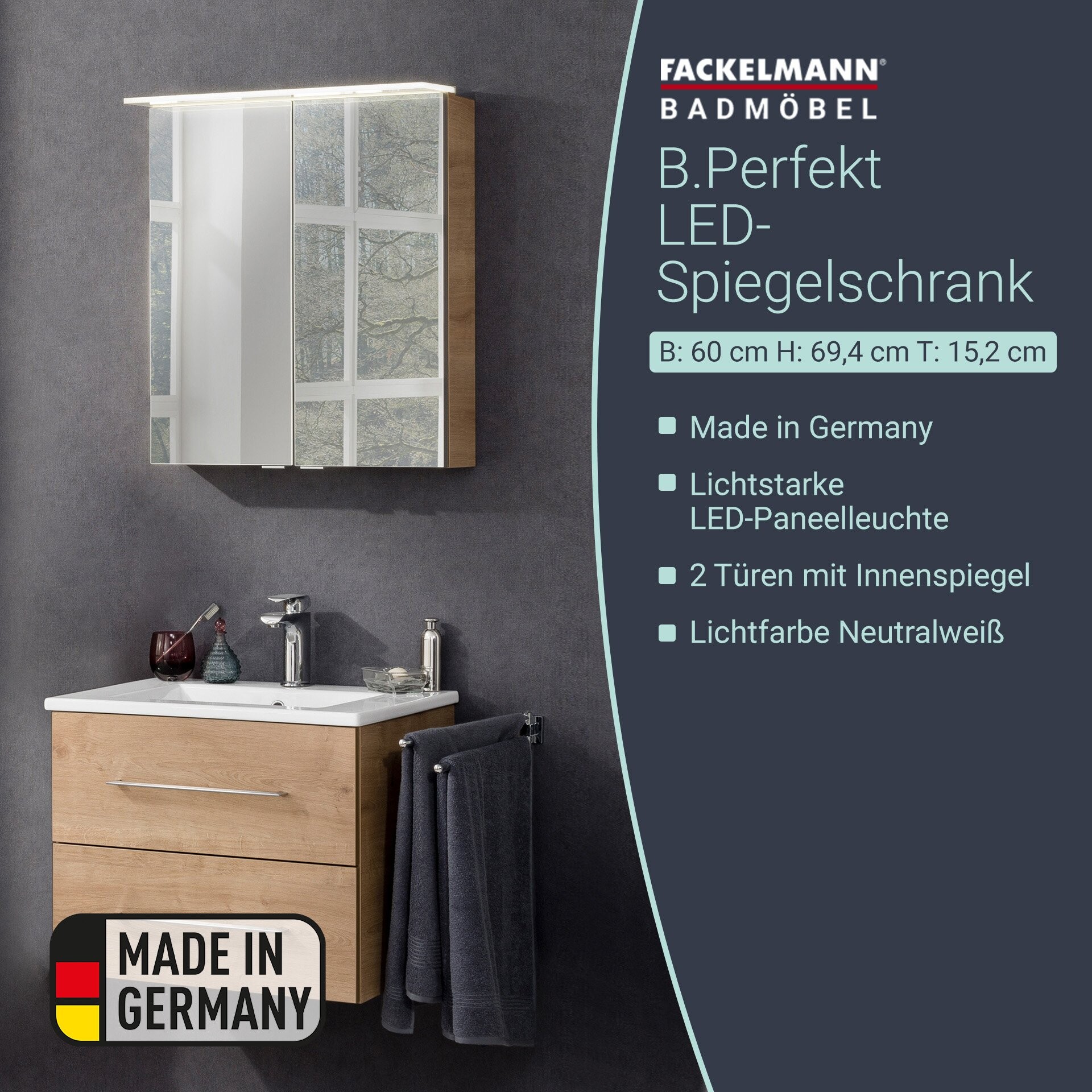 Fackelmann B.PERFEKT LED Spiegelschrank 60 cm breit, Braun hell Fackelmann B.PERFEKT LED Spiegelschrank 60 cm breit, Braun hell