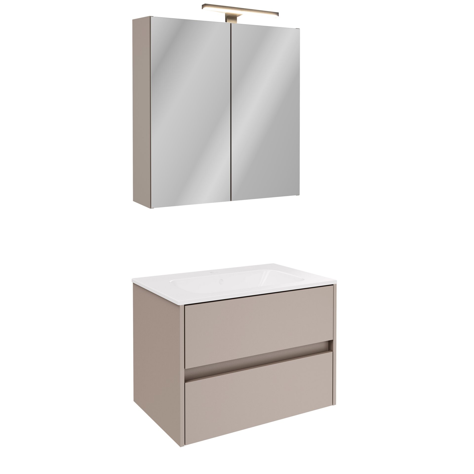 FACKELMANN COMPACT LINE Waschtisch Set mit Spiegelschrank 71 cm breit, Grau, Waschbecken Keramik Weiß, inklusive Aufsatzleuchte und Energie Box, 2 Schubladen