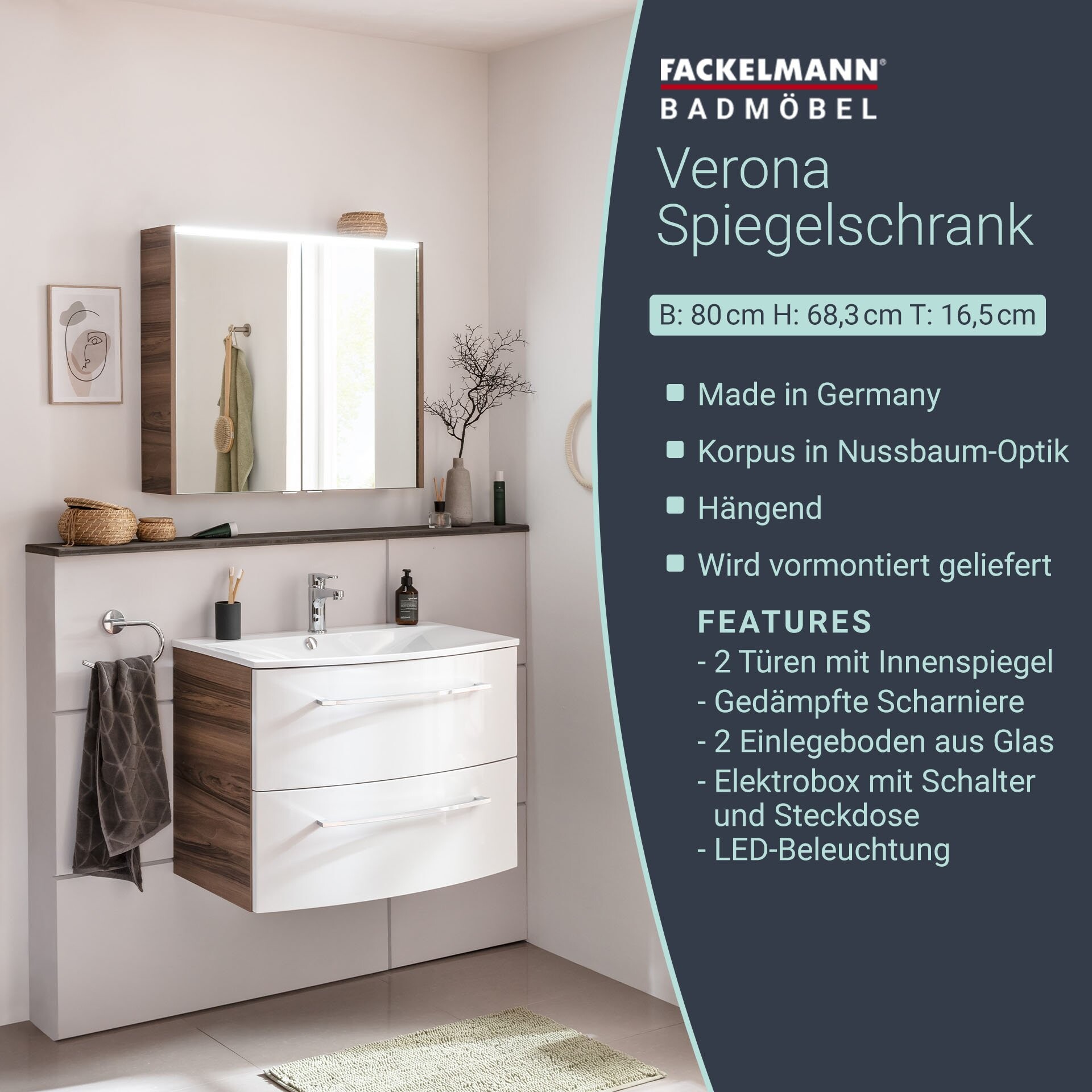 Fackelmann VERONA LED Spiegelschrank 80 cm, Braun Dunkel Fackelmann VERONA LED Spiegelschrank 80 cm, Braun Dunkel
