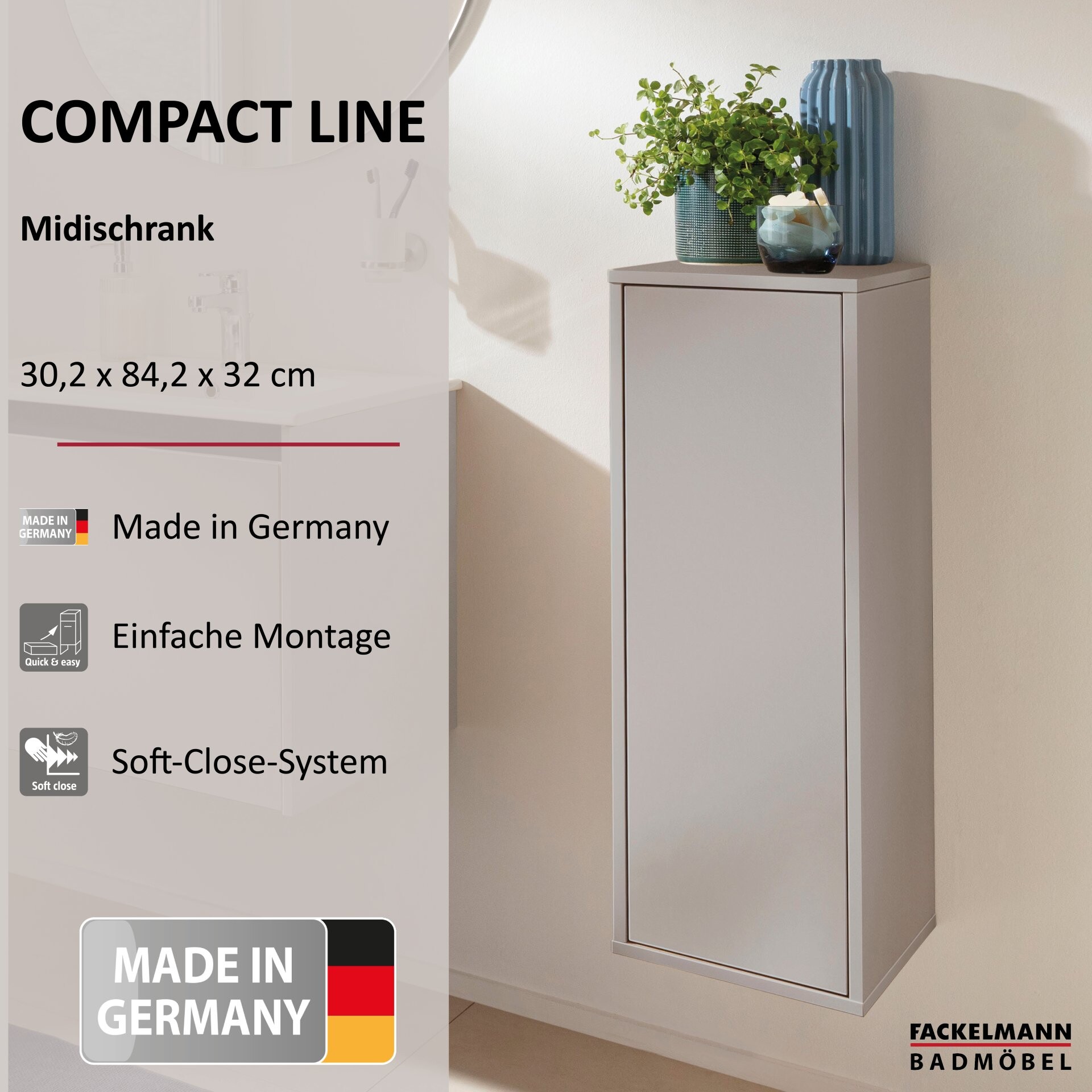 FACKELMANN COMPACT LINE Midischrank 30 cm breit, Grau