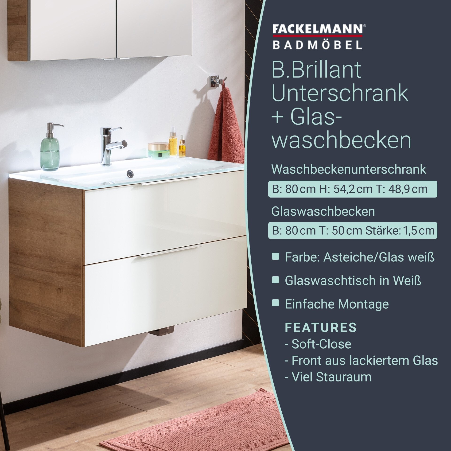 Fackelmann B.BRILLANT Badmöbel Set 2-teilig, 80 cm breit, Weiß Glas/Braun hell, Glas Weiß