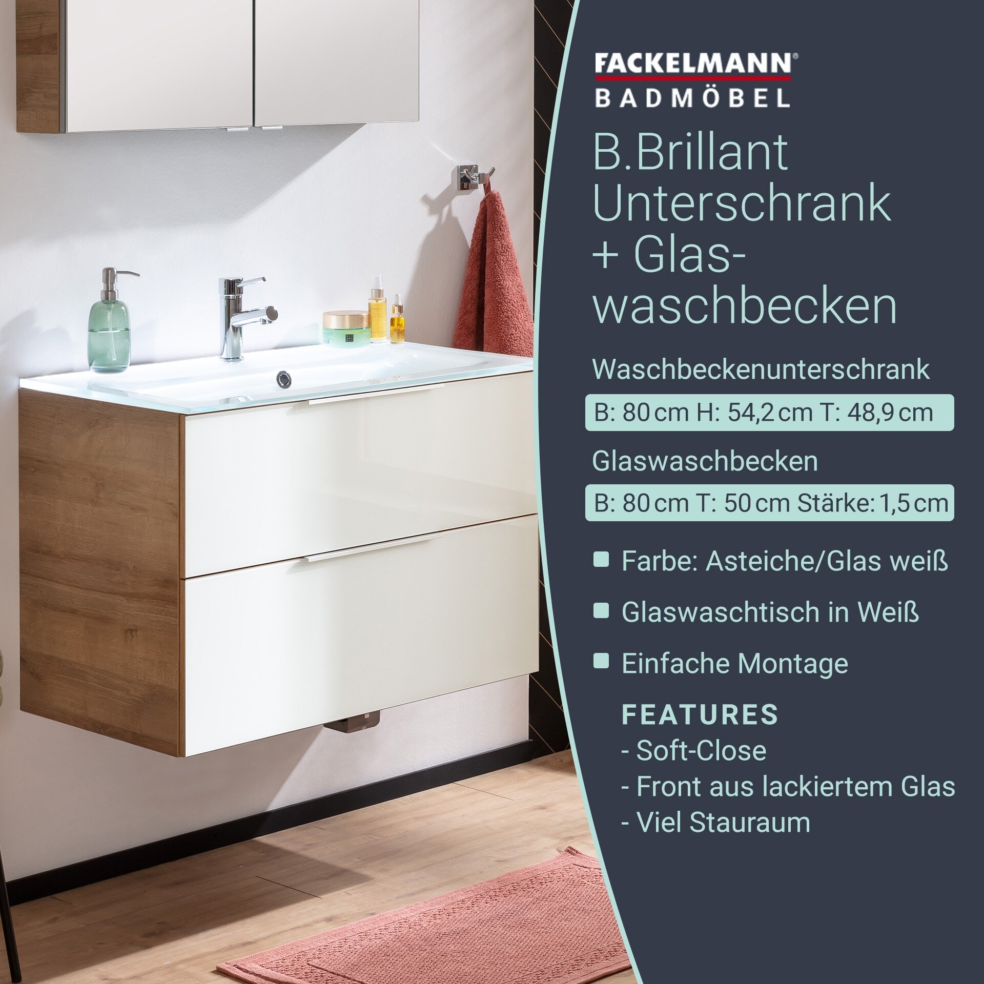Fackelmann B.BRILLANT Badmöbel Set 2-teilig, 80 cm breit, Weiß Glas/Braun hell, Glas Weiß Fackelmann B.BRILLANT Badmöbel Set 2-teilig, 80 cm breit, Weiß Glas/Braun hell, Glas Weiß
