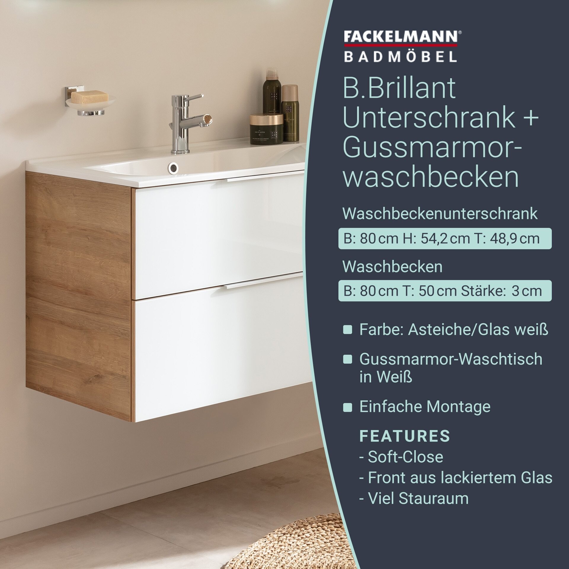 Fackelmann B.BRILLANT Badmöbel Set 2-teilig, 80 cm breit, Weiß Glas/Braun hell, Gussmarmor Fackelmann B.BRILLANT Badmöbel Set 2-teilig, 80 cm breit, Weiß Glas/Braun hell, Gussmarmor