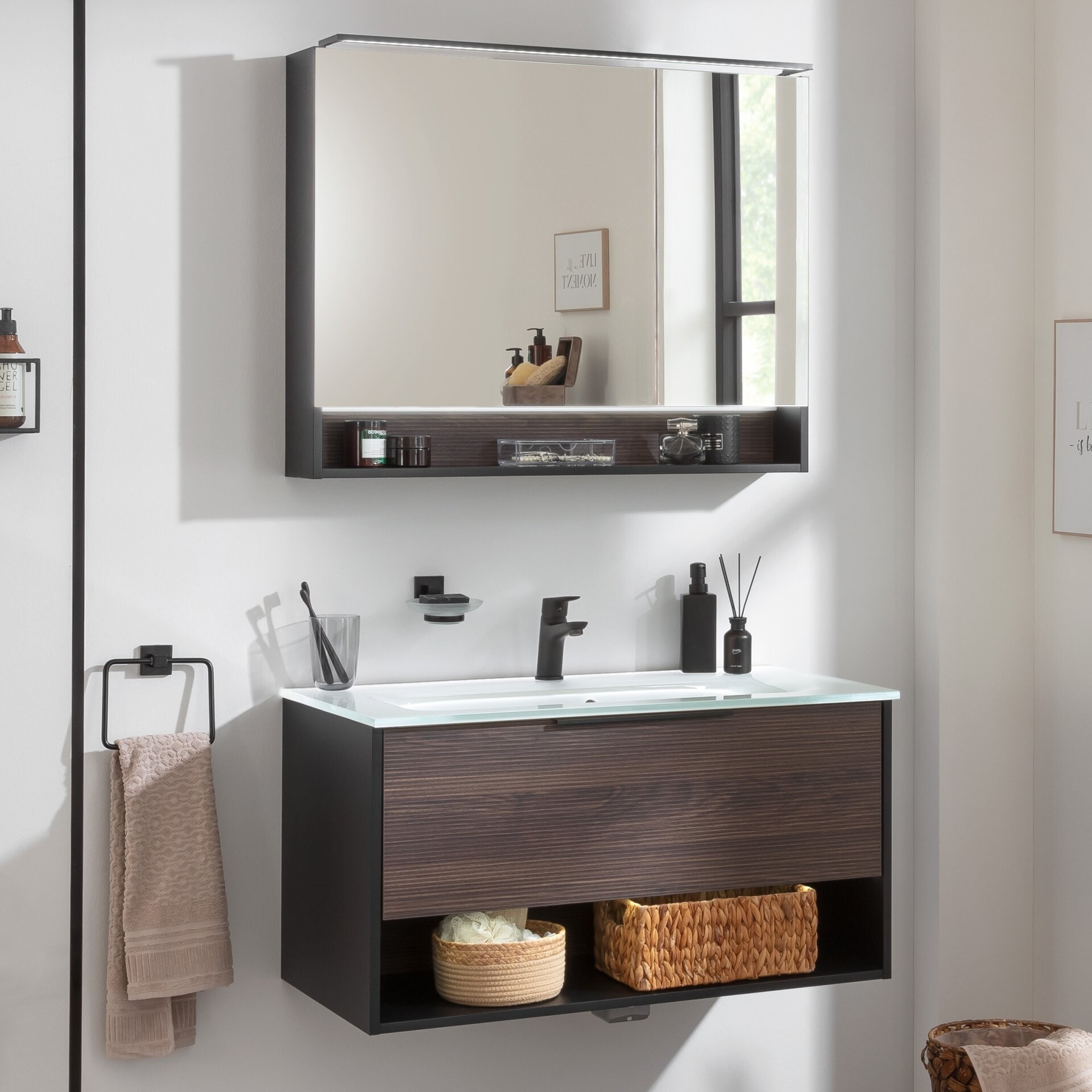 FACKELMANN B.PARIS Waschtisch Set mit Spiegelschrank 90 cm breit, Braun dunkel/Schwarz, Waschbecken Glas Weiß