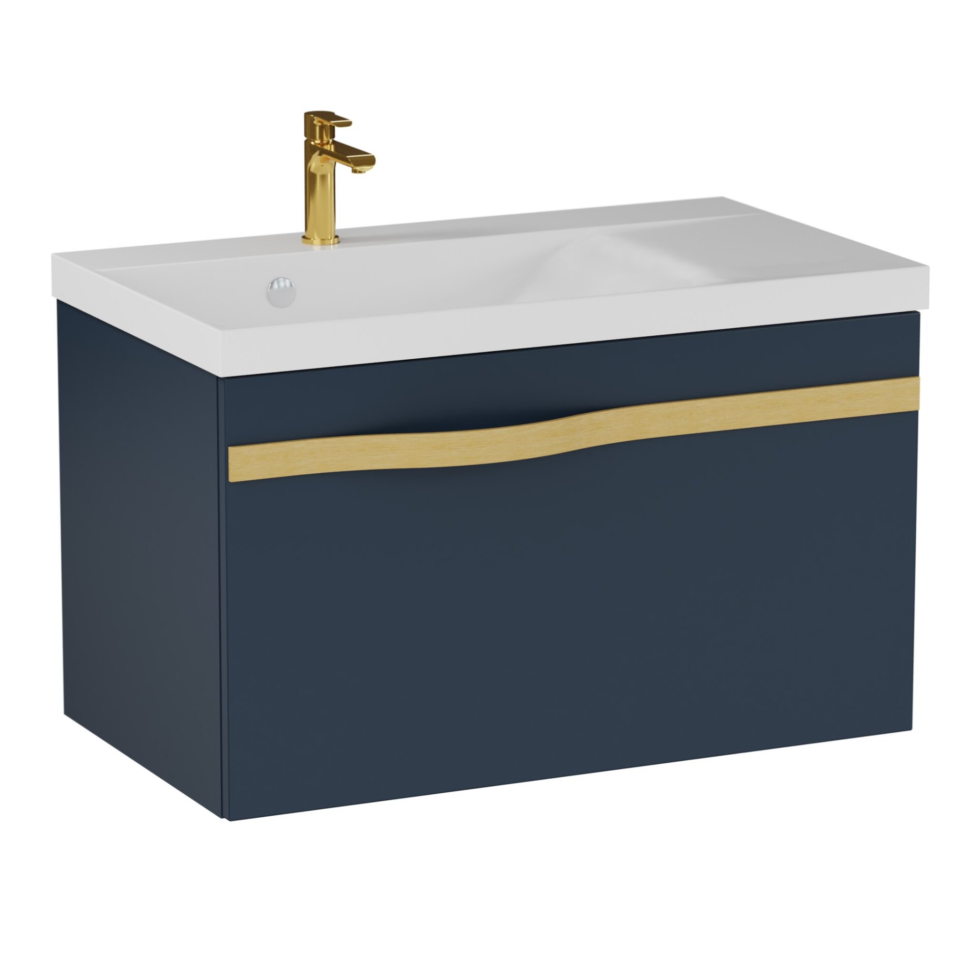 BADEDU FILS Waschbecken mit Unterschrank 69 cm breit, Blau, Waschbecken Gussmarmor Weiß, Griff Gold