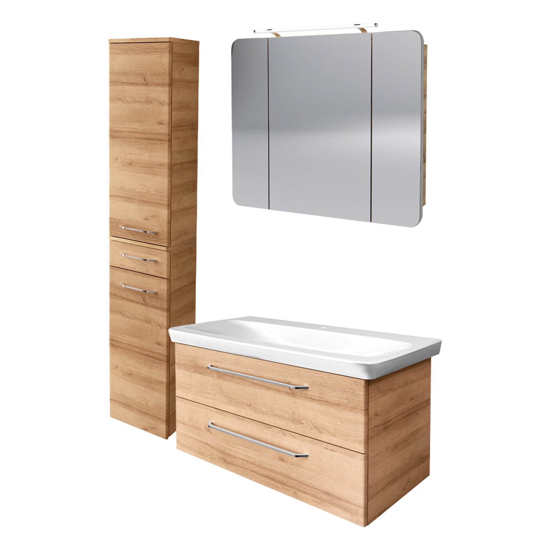 FACKELMANN MILANO Badmöbel Set 4-teilig, 107 cm breit, Braun hell, Waschbecken Keramik, Spiegelschrank + Hochschrank FACKELMANN MILANO Badmöbel Set 4-teilig, 107 cm breit, Braun hell, Waschbecken Keramik, Spiegelschrank + Hochschrank