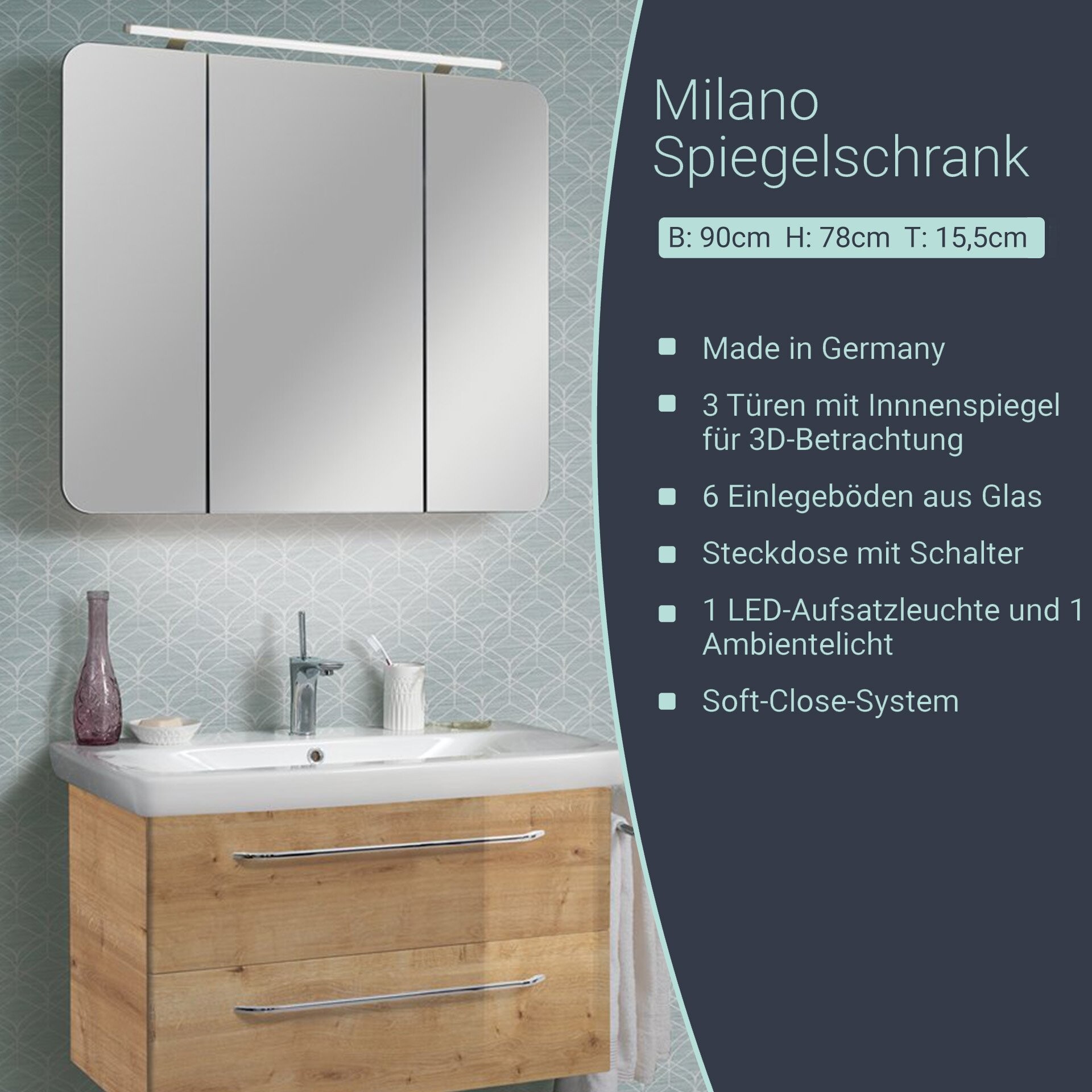 Fackelmann MILANO LED Spiegelschrank 90 cm, Braun hell Fackelmann MILANO LED Spiegelschrank 90 cm, Braun hell