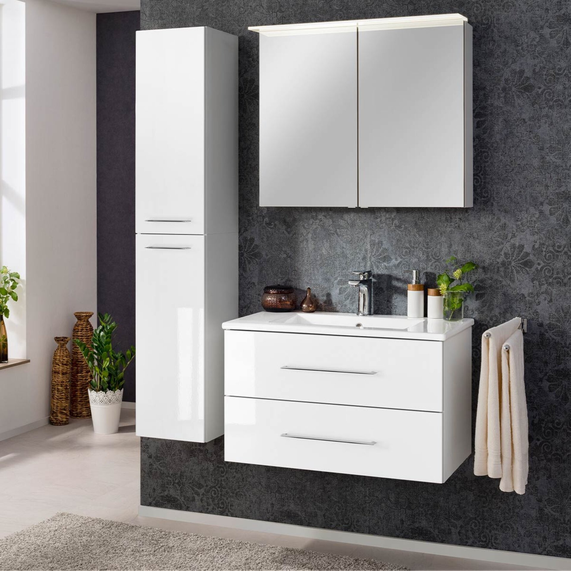 FACKELMANN B.PERFEKT Waschtisch Set mit Spiegelschrank 82 cm breit, Weiß, Waschbecken Keramik FACKELMANN B.PERFEKT Waschtisch Set mit Spiegelschrank 82 cm breit, Weiß, Waschbecken Keramik