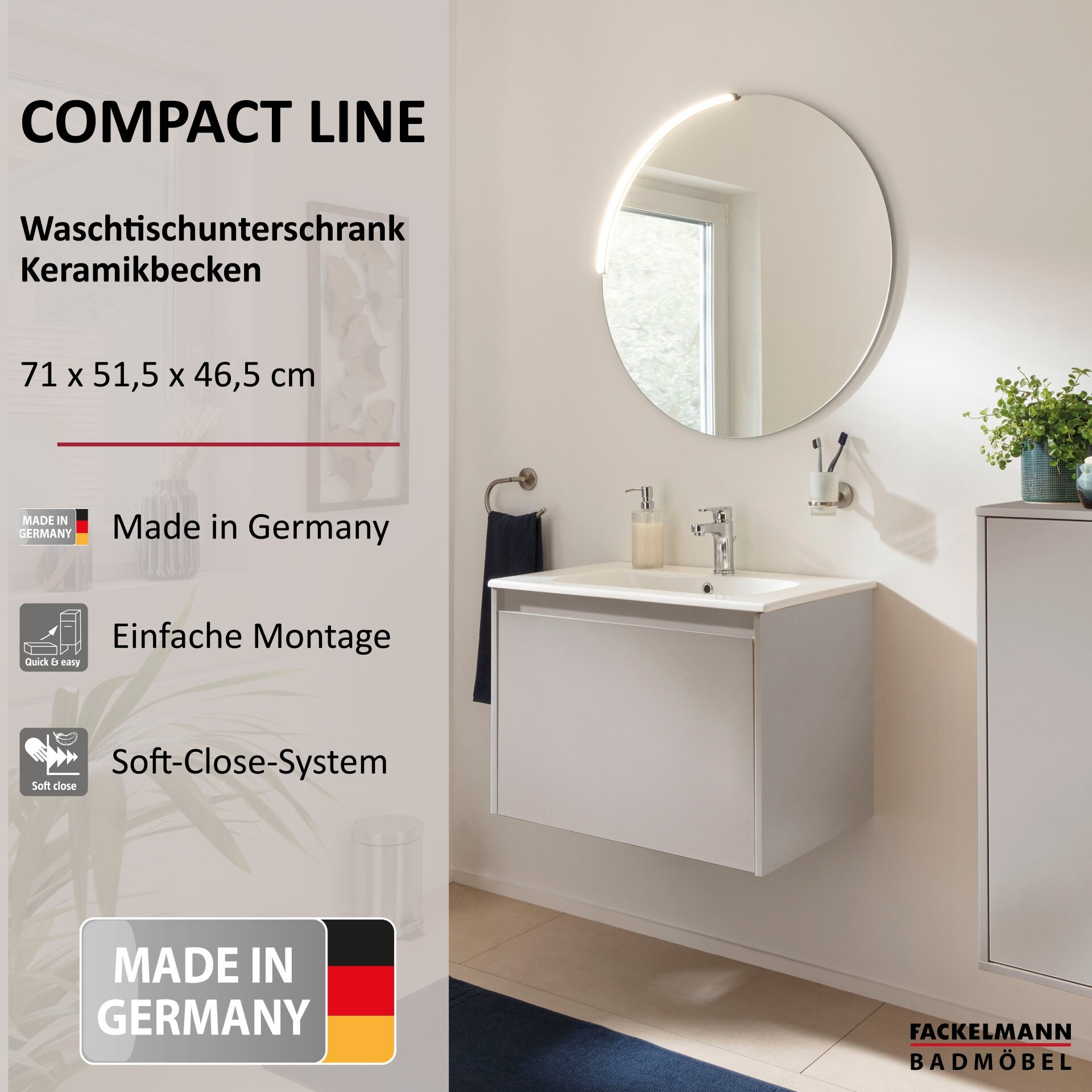 FACKELMANN COMPACT LINE Waschbecken mit Unterschrank 71 cm breit, Grau, Waschbecken Keramik Weiß, 1 Schublade