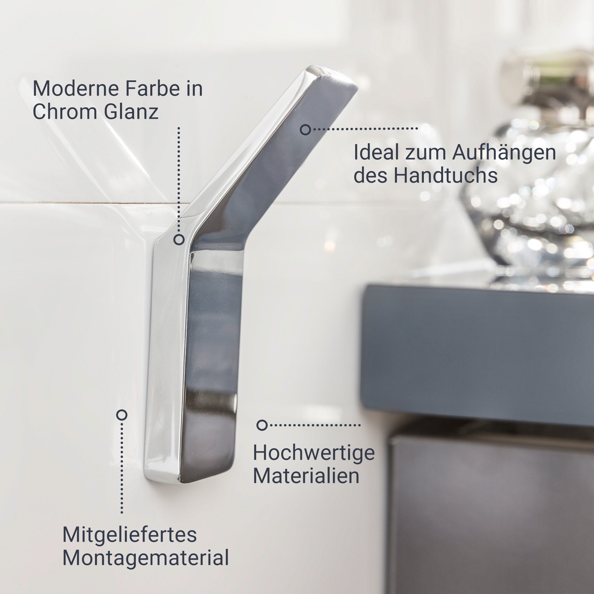 BADEDU SIRIUS Accessoire Set 3-teilig, Chrom, Handtuchhaken, Glas mit Halter, Ablageschale