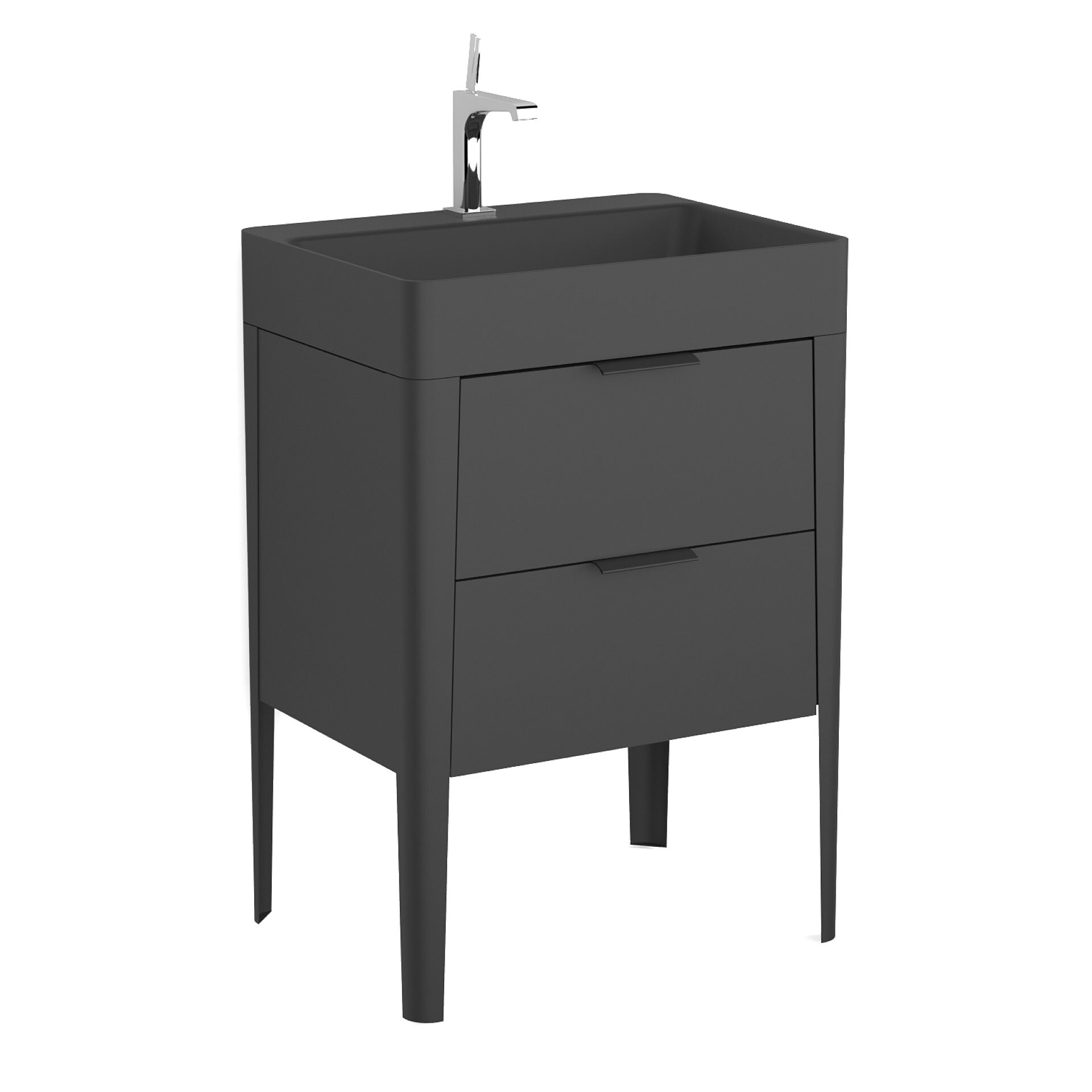 BADEDU SORA Waschbecken mit Unterschrank 60 cm breit, Schwarz matt, Waschbecken Quartzkomposit Schwarz, aus Aluminium, mit Füßen