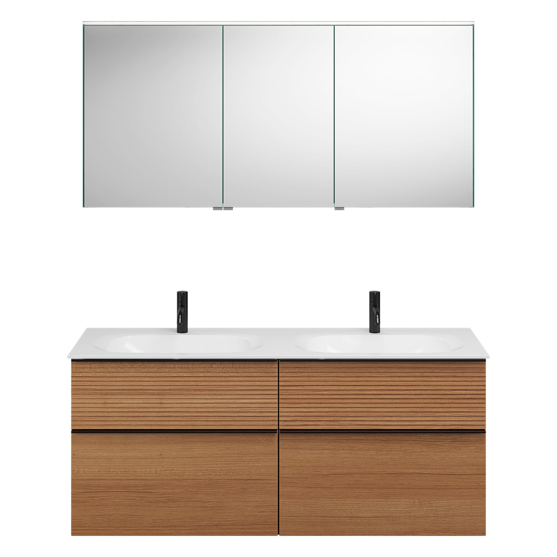 Burgbad FIUMO Waschtisch Set mit Spiegelschrank 142 cm breit, Braun, Doppelwaschbecken Gussmarmor Weiß, 4 Schubladen, Anschlag rechts