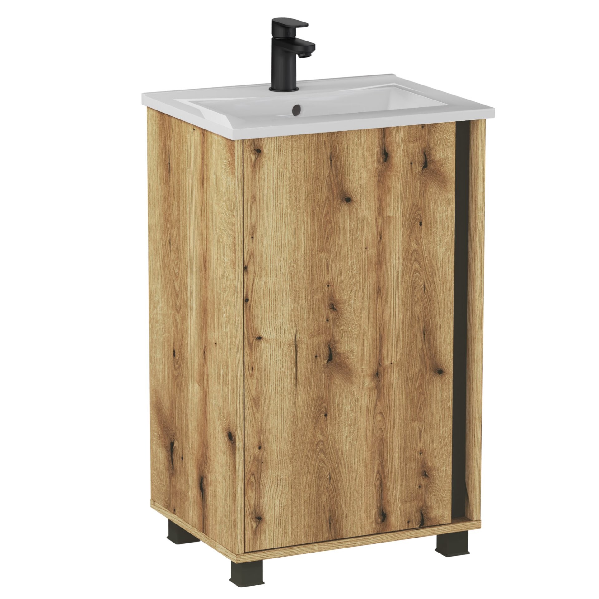 BADEDU LULE Waschbecken mit Unterschrank 51 cm breit, Braun, Waschbecken Keramik Weiß, mit Füßen
