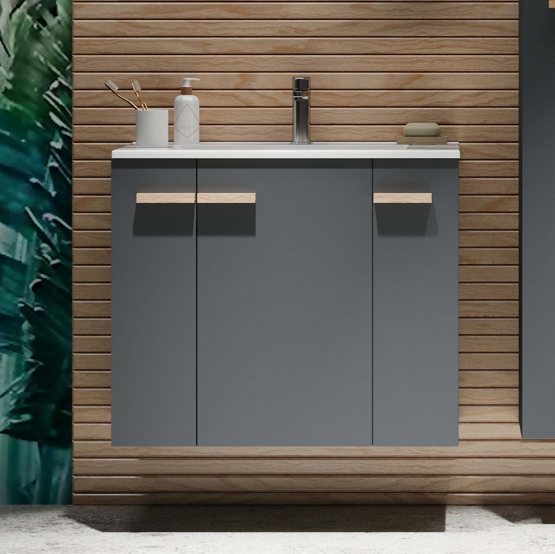 BADEDU HIERA Waschbecken mit Unterschrank 80 cm breit, Anthrazit, Waschbecken Keramik Weiß