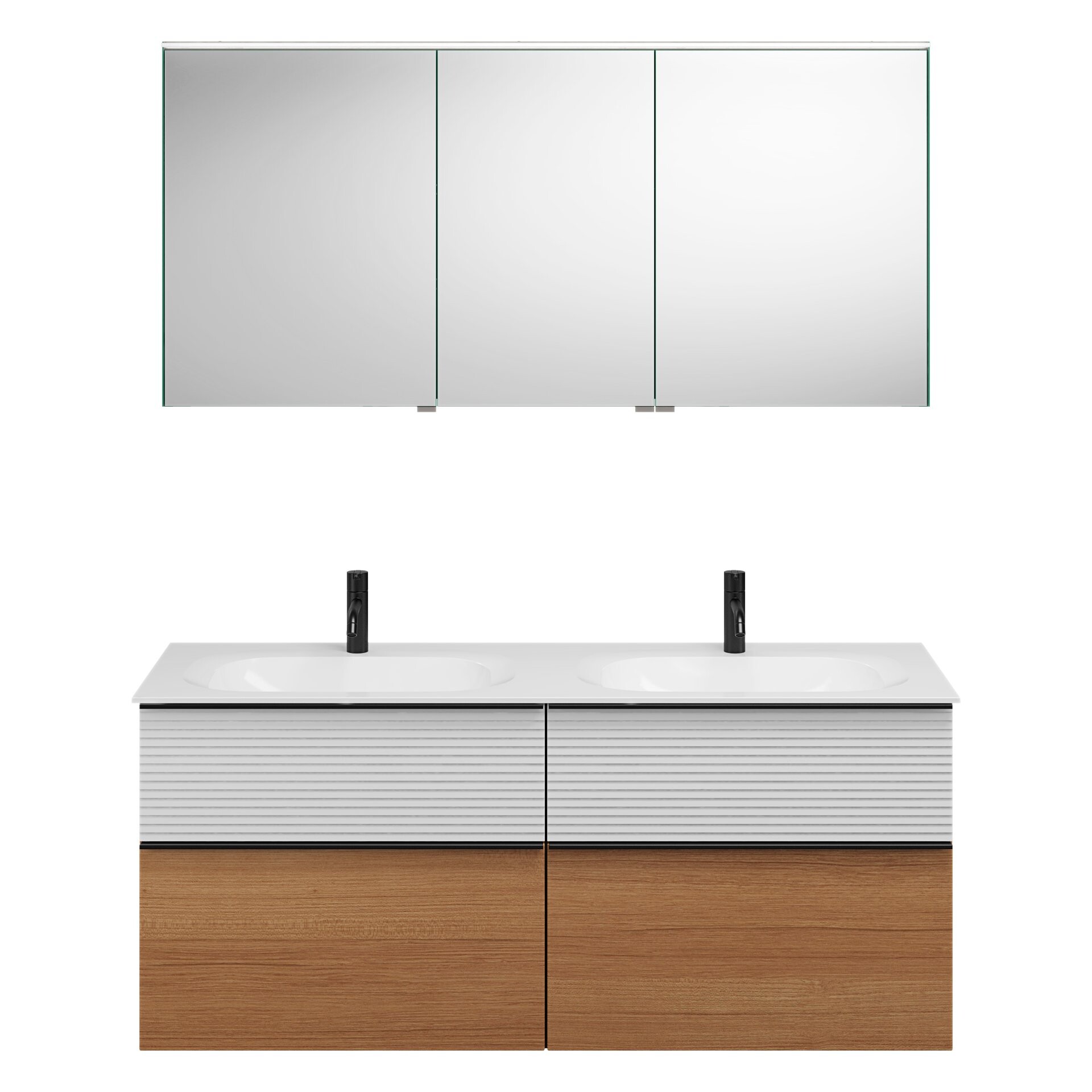 Burgbad FIUMO Waschtisch Set mit Spiegelschrank 142 cm breit, Weiß/Braun, Doppelwaschbecken Gussmarmor Weiß, 4 Schubladen, Anschlag links Burgbad FIUMO Waschtisch Set mit Spiegelschrank 142 cm breit, Weiß/Braun, Doppelwaschbecken Gussmarmor Weiß, 4 Schubladen, Anschlag links