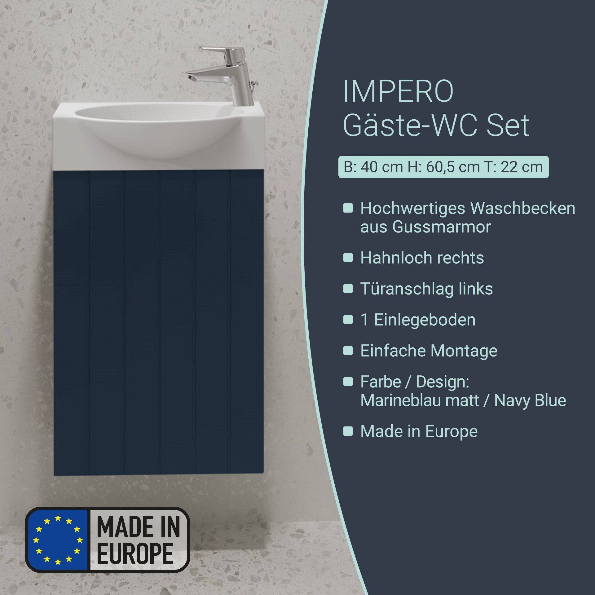 BADEDU IMPERO Gäste WC Waschtisch Set  40 cm breit, Blau, Waschbecken Keramik Weiß