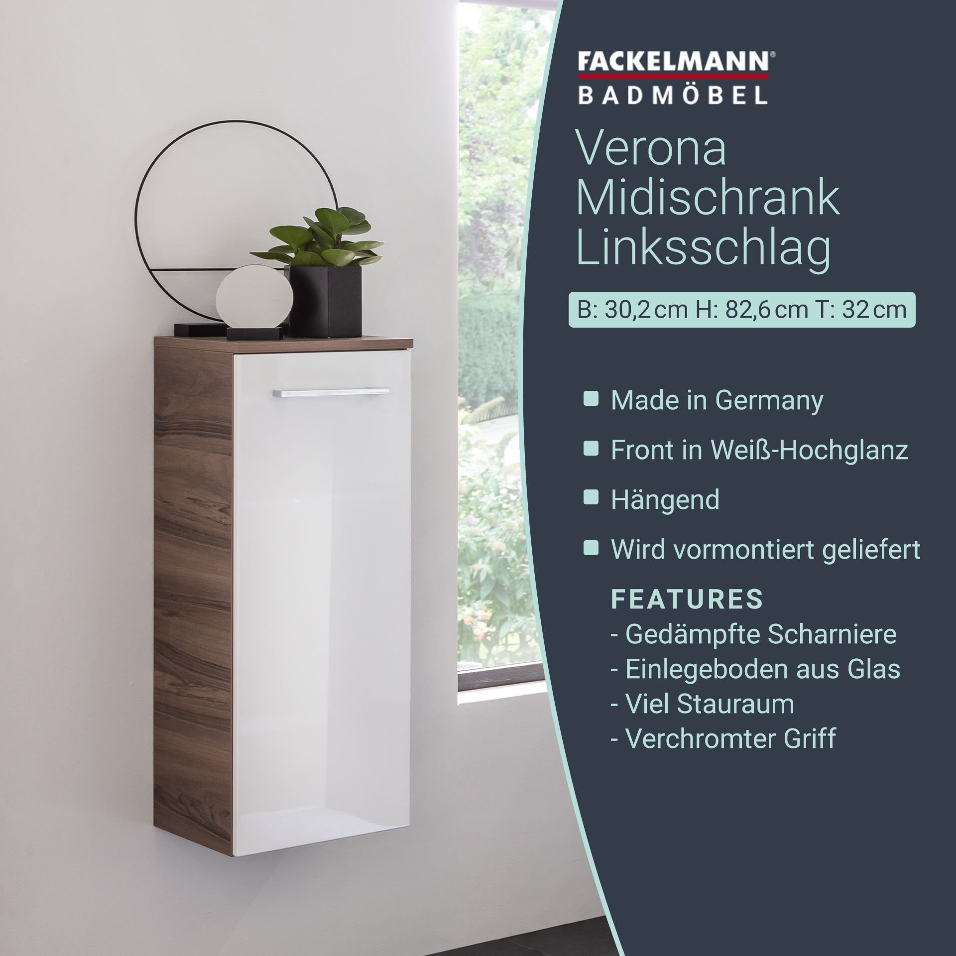 Fackelmann VERONA Midischrank 30 cm, links, Braun Dunkel/Weiß Hochglanz