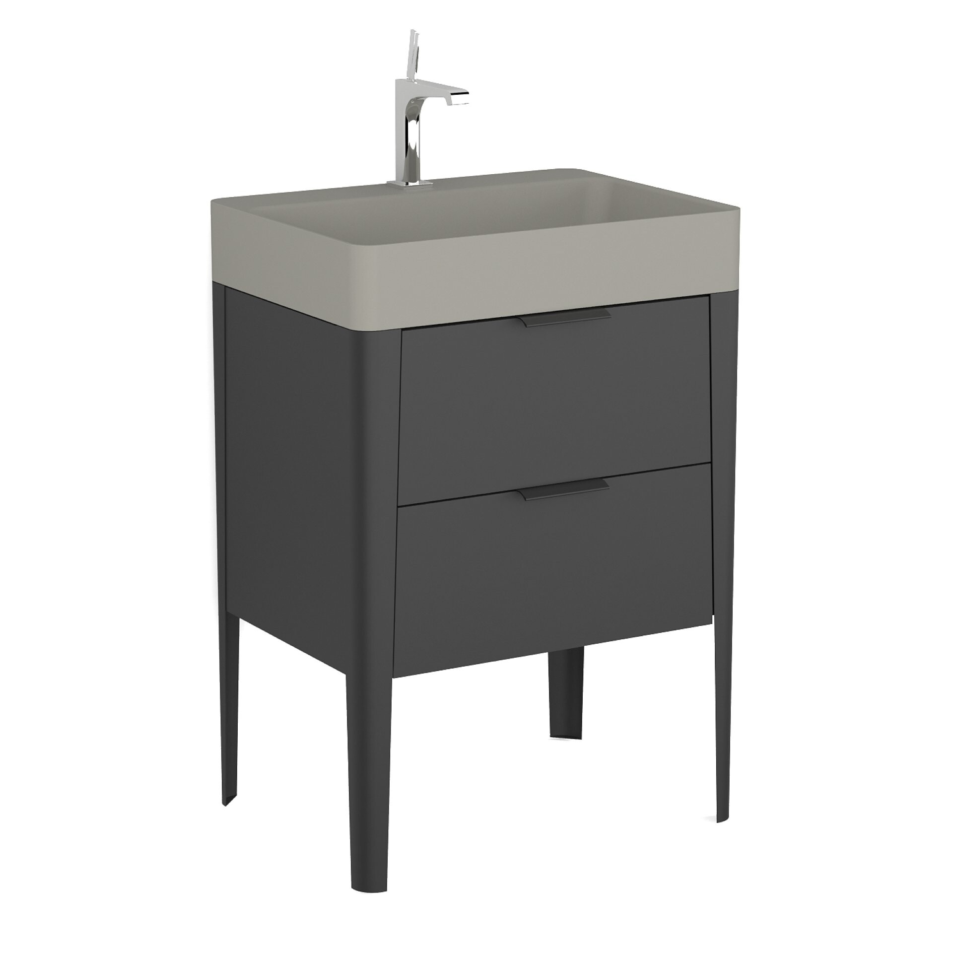 BADEDU SORA Waschbecken mit Unterschrank 60 cm breit, Schwarz matt, Waschbecken Quartzkomposit Grau, aus Aluminium, mit Füßen