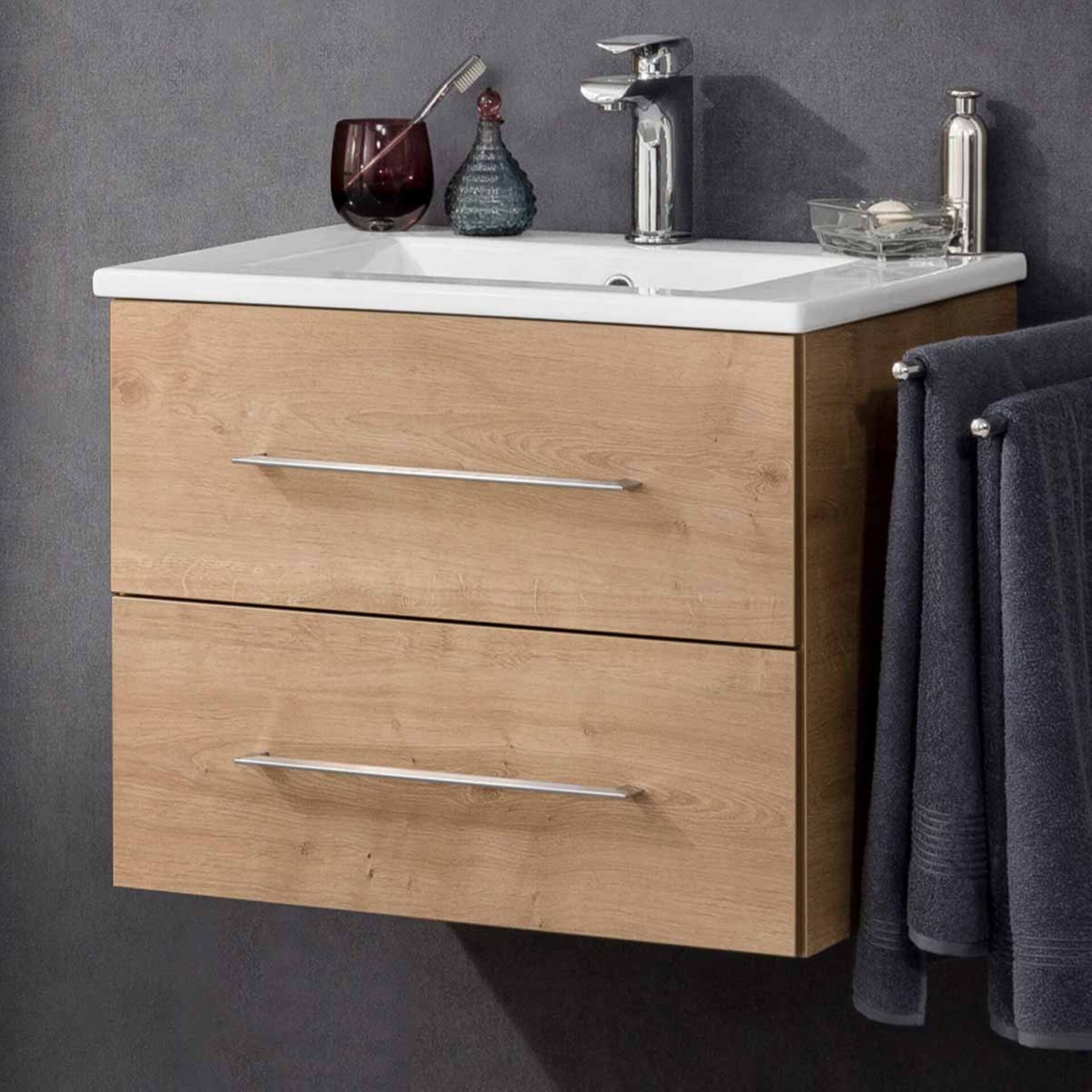 FACKELMANN B.PERFEKT Waschbecken mit Unterschrank 62 cm breit, Braun hell, Waschbecken Keramik Weiß FACKELMANN B.PERFEKT Waschbecken mit Unterschrank 62 cm breit, Braun hell, Waschbecken Keramik Weiß