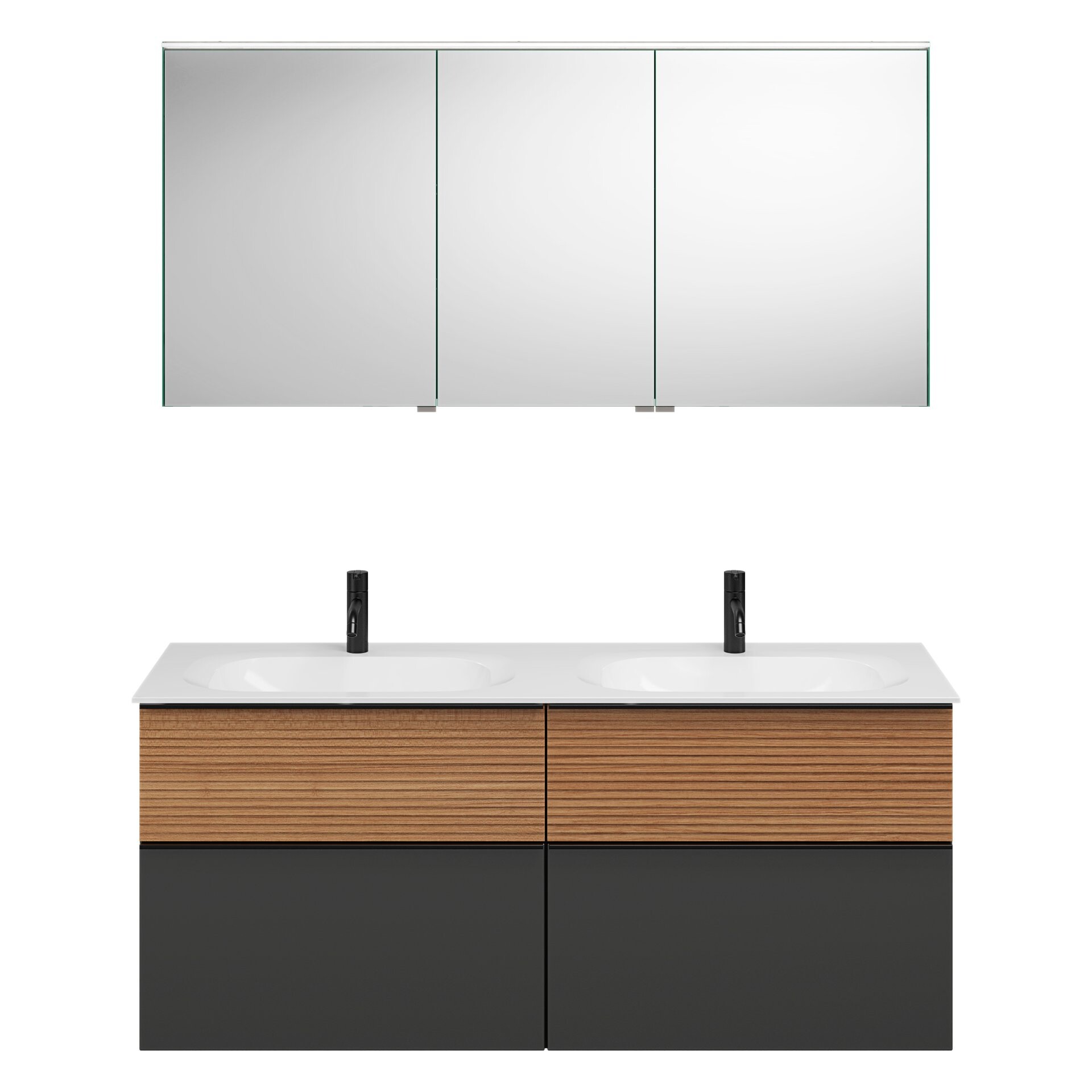 Burgbad FIUMO Waschtisch Set mit Spiegelschrank 142 cm breit, Braun/Anthrazit, Doppelwaschbecken Gussmarmor Weiß, 4 Schubladen, Anschlag links Burgbad FIUMO Waschtisch Set mit Spiegelschrank 142 cm breit, Braun/Anthrazit, Doppelwaschbecken Gussmarmor Weiß, 4 Schubladen, Anschlag links