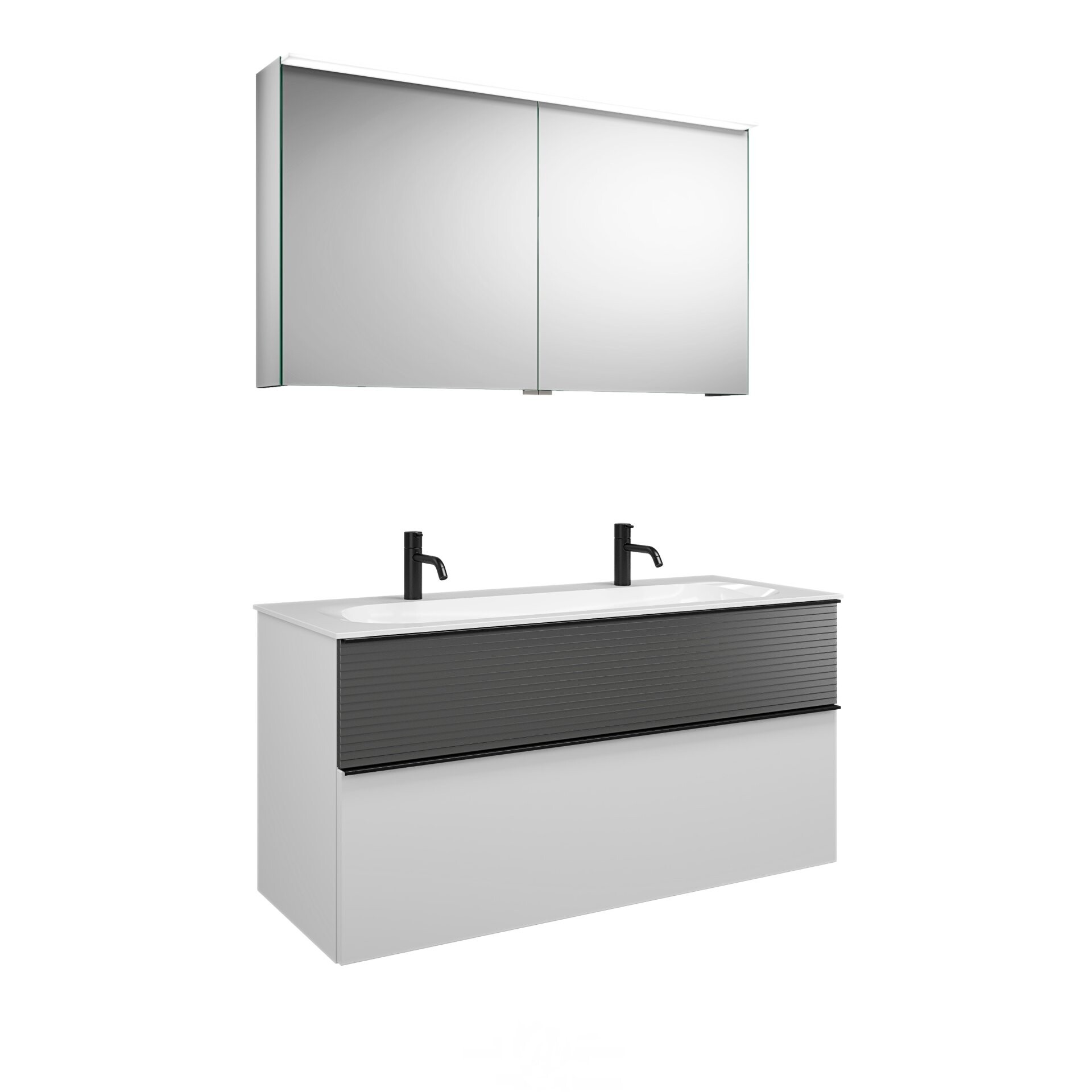 Burgbad FIUMO Waschtisch Set mit Spiegelschrank 122 cm breit, Anthrazit/Weiß, Doppelwaschbecken Gussmarmor Weiß Burgbad FIUMO Waschtisch Set mit Spiegelschrank 122 cm breit, Anthrazit/Weiß, Doppelwaschbecken Gussmarmor Weiß