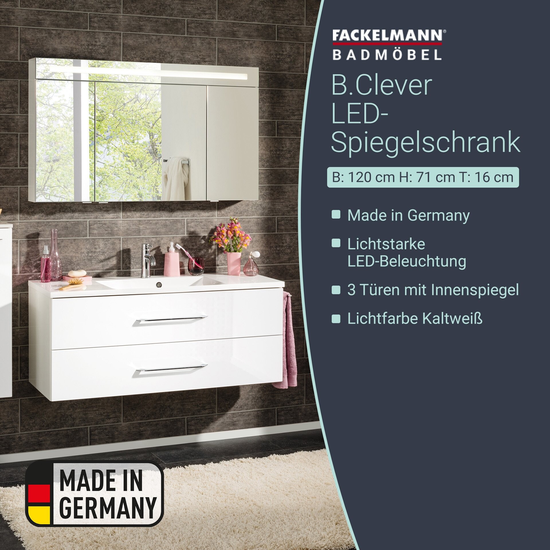 Fackelmann B.CLEVER LED Spiegelschrank 120 cm Weiß