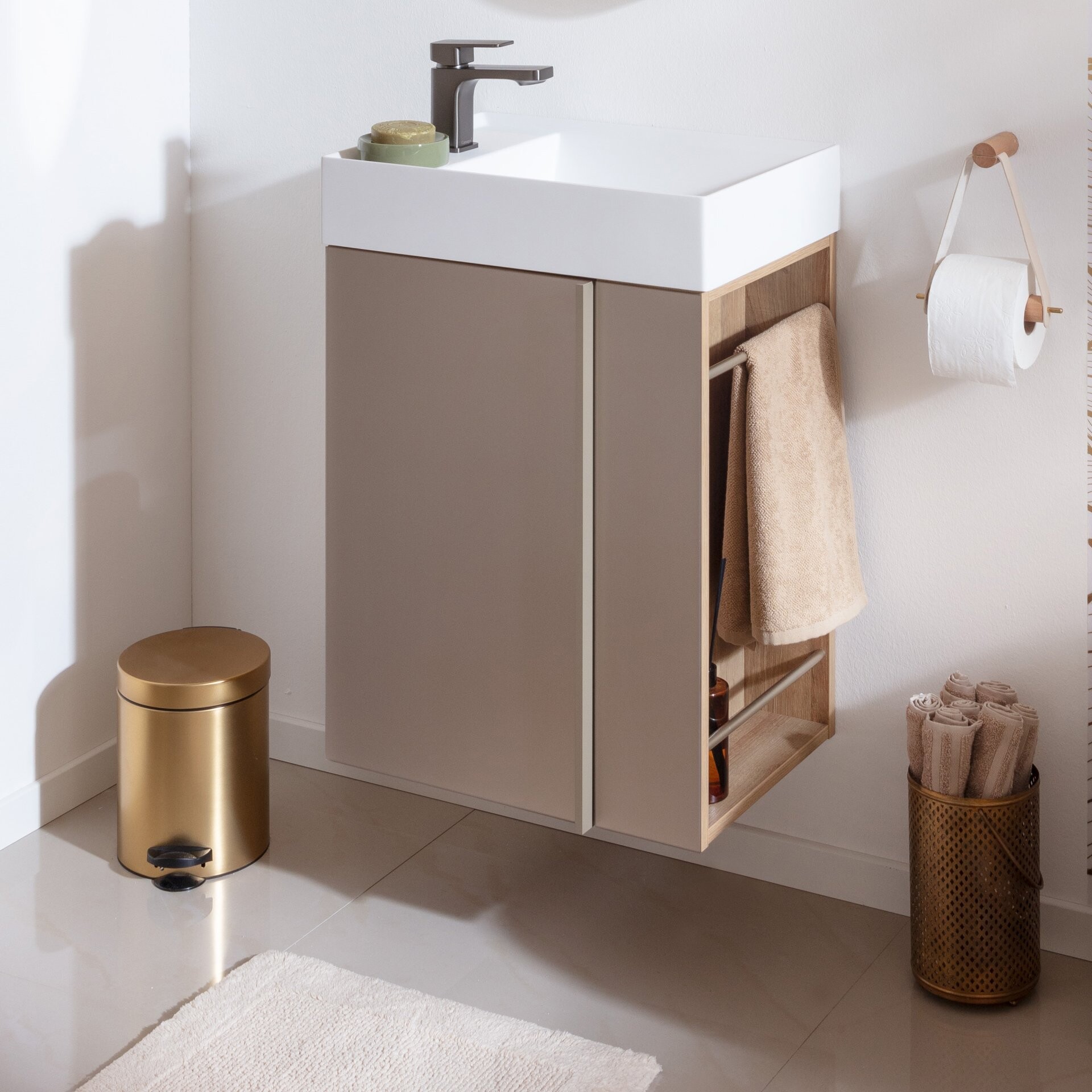 LANZET VIDRO Gäste WC Waschtisch Set 50 cm breit, Braun, Waschbecken Keramik Weiß, Anschlag links LANZET VIDRO Gäste WC Waschtisch Set 50 cm breit, Braun, Waschbecken Keramik Weiß, Anschlag links