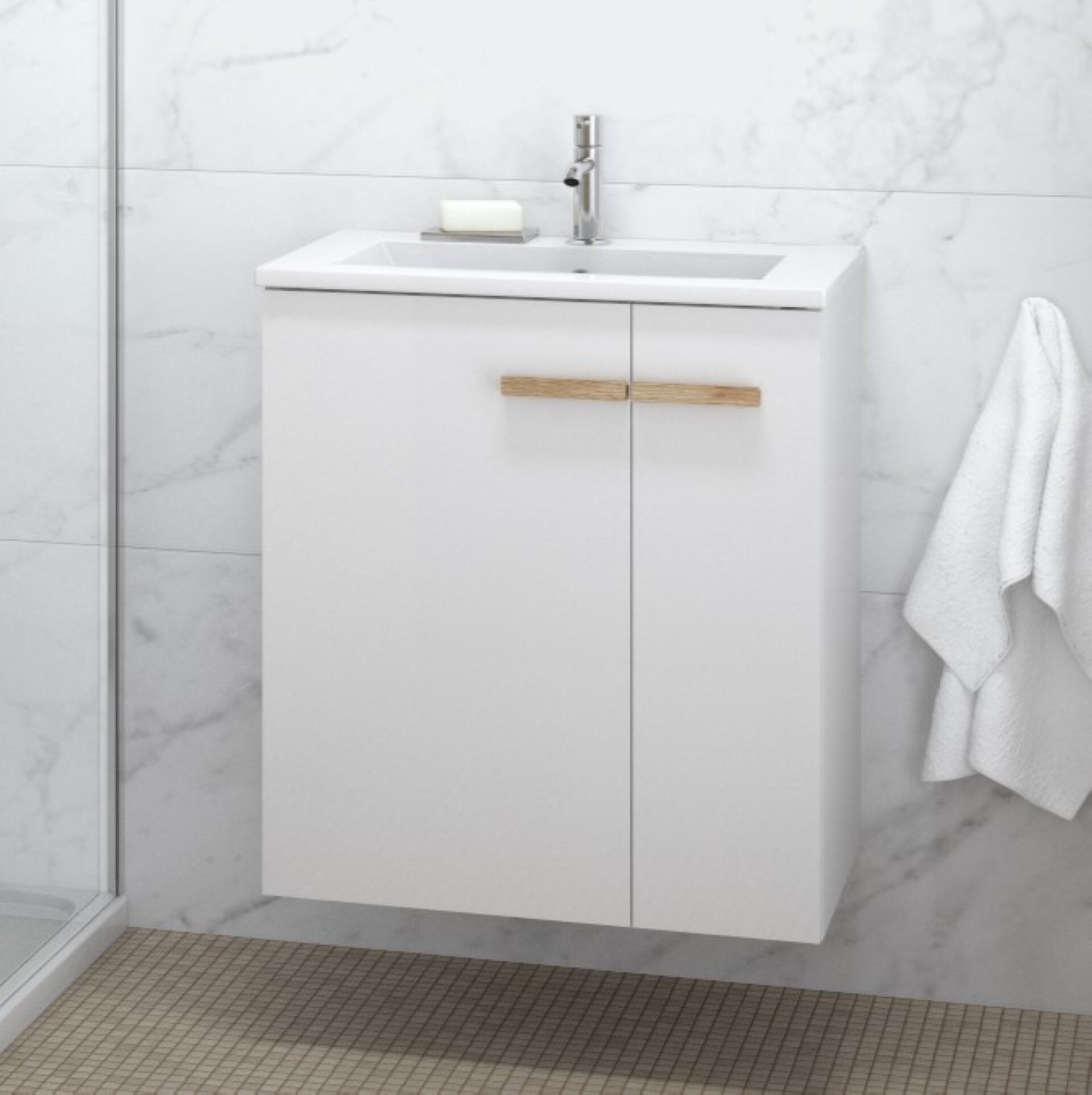 BADEDU HIERA Waschbecken mit Unterschrank 60 cm breit, Weiß, Waschbecken Keramik Weiß