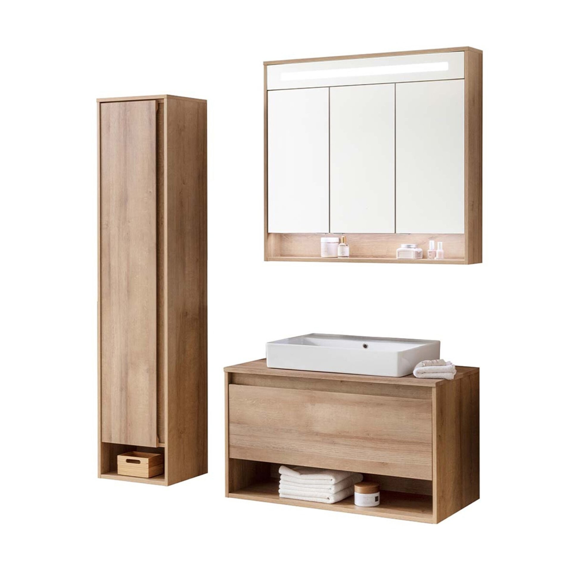Fackelmann NATURA Badmöbel Set 4-teilig, 94 cm, Braun hell + Spiegelschrank + Hochschrank links Fackelmann NATURA Badmöbel Set 4-teilig, 94 cm, Braun hell + Spiegelschrank + Hochschrank links