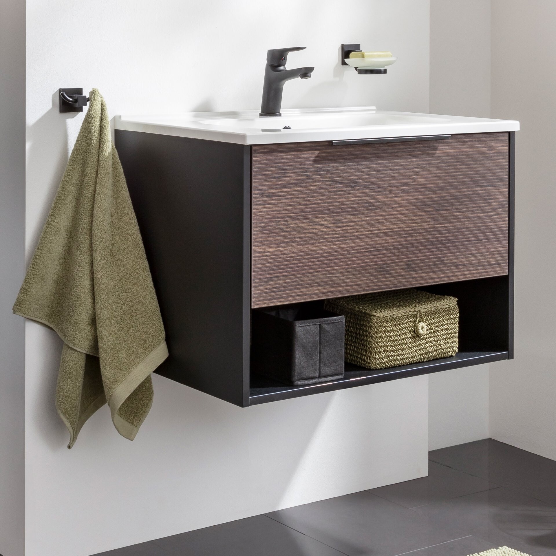 Fackelmann B.PARIS Badmöbel Set 2-teilig 70 cm breit, Braun dunkel/Schwarz, Gussmarmor Fackelmann B.PARIS Badmöbel Set 2-teilig 70 cm breit, Braun dunkel/Schwarz, Gussmarmor
