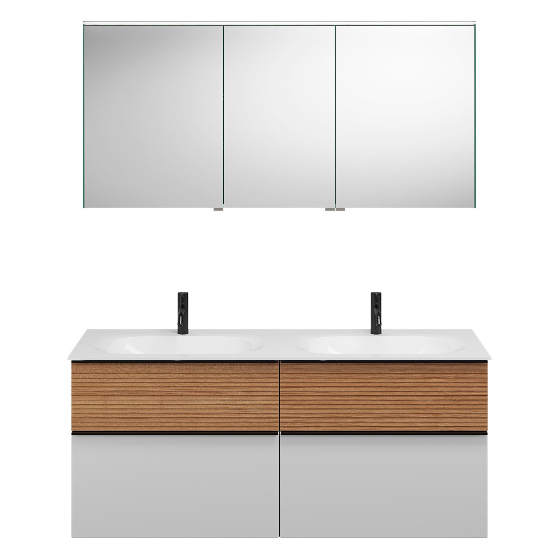 Burgbad FIUMO Waschtisch Set mit Spiegelschrank 142 cm breit, Braun/Weiß, Doppelwaschbecken Gussmarmor Weiß, 4 Schubladen, Anschlag links Burgbad FIUMO Waschtisch Set mit Spiegelschrank 142 cm breit, Braun/Weiß, Doppelwaschbecken Gussmarmor Weiß, 4 Schubladen, Anschlag links