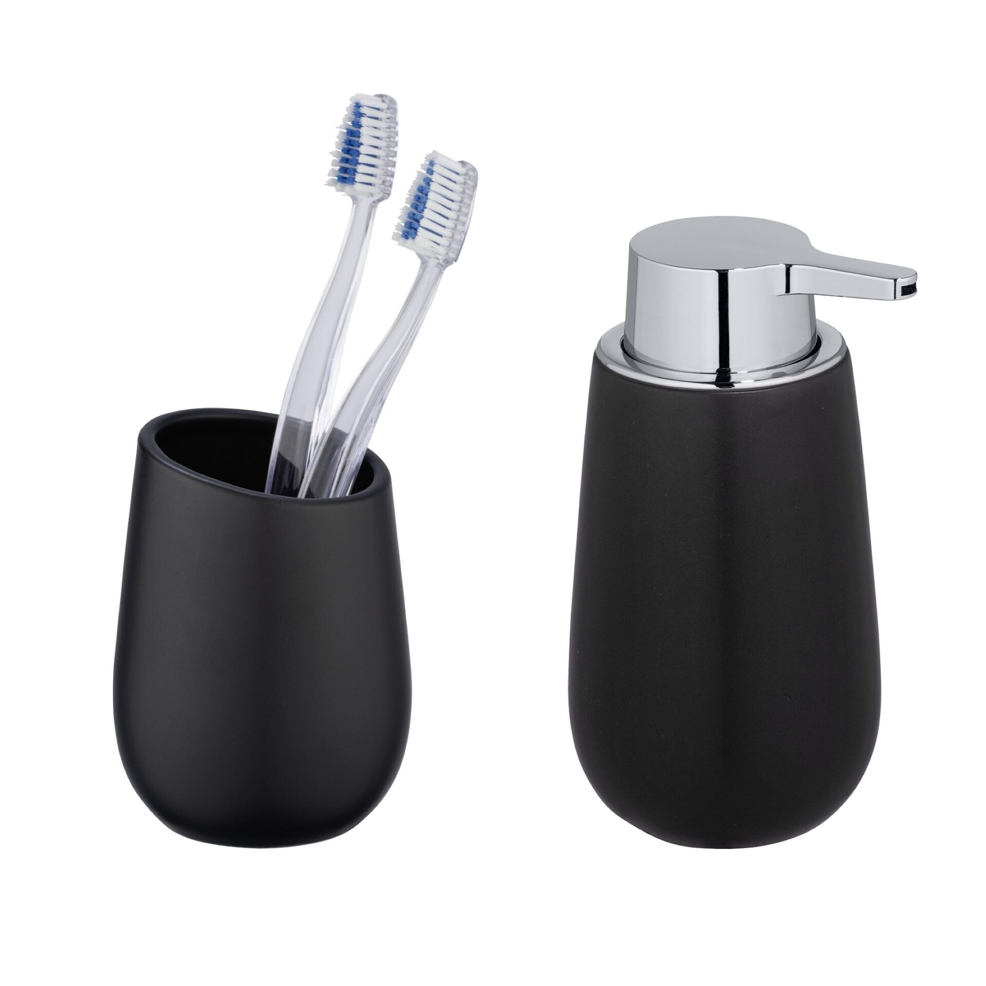 WENKO BADI Accessoire Set, Schwarz, Zahnputzbecher, Seifenspender, Keramik