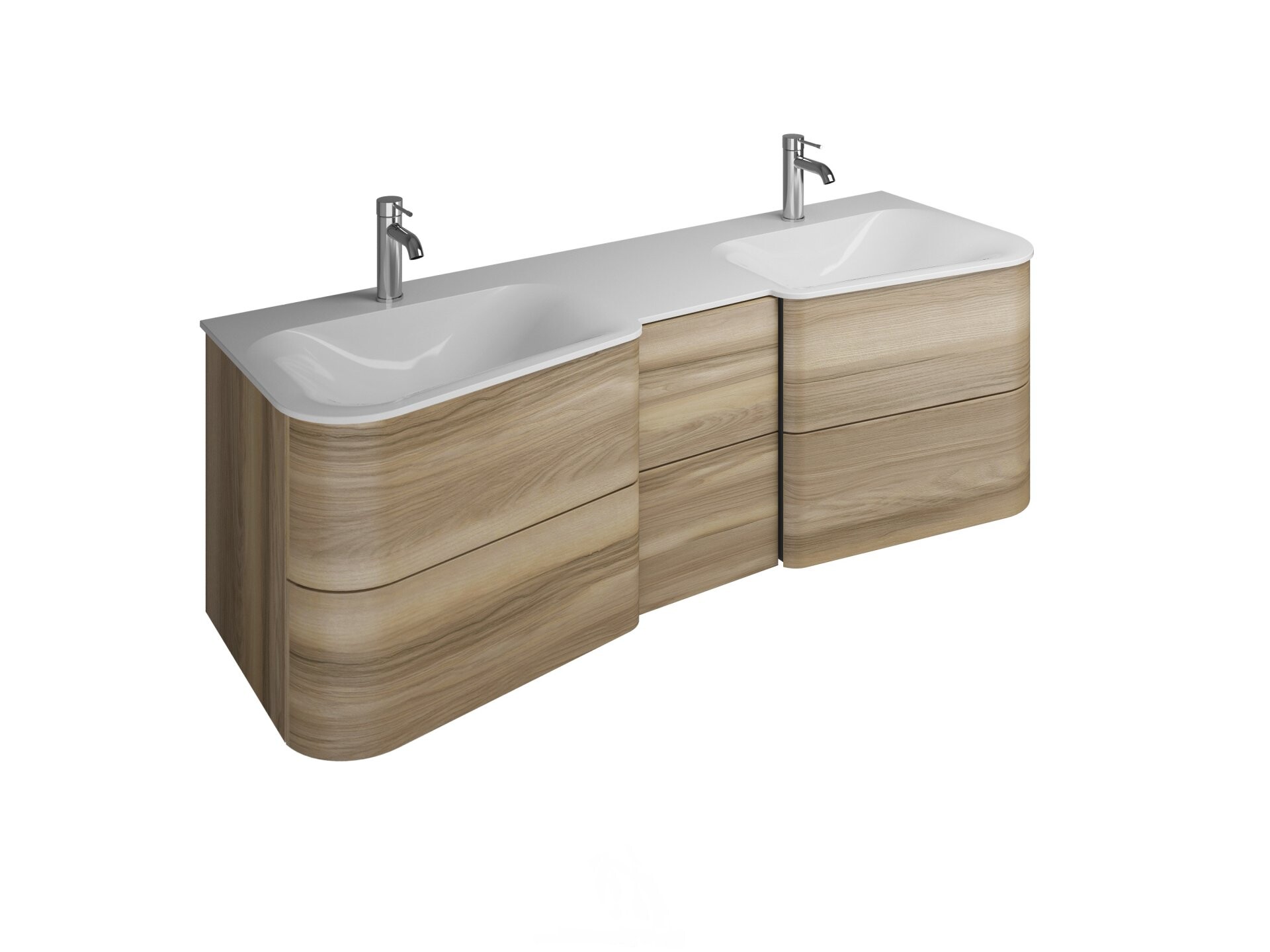 Burgbad BADU Waschbecken mit Unterschrank 152 cm breit, Braun, Doppelwaschbecken Gussmarmor Weiß, 6 Schubladen