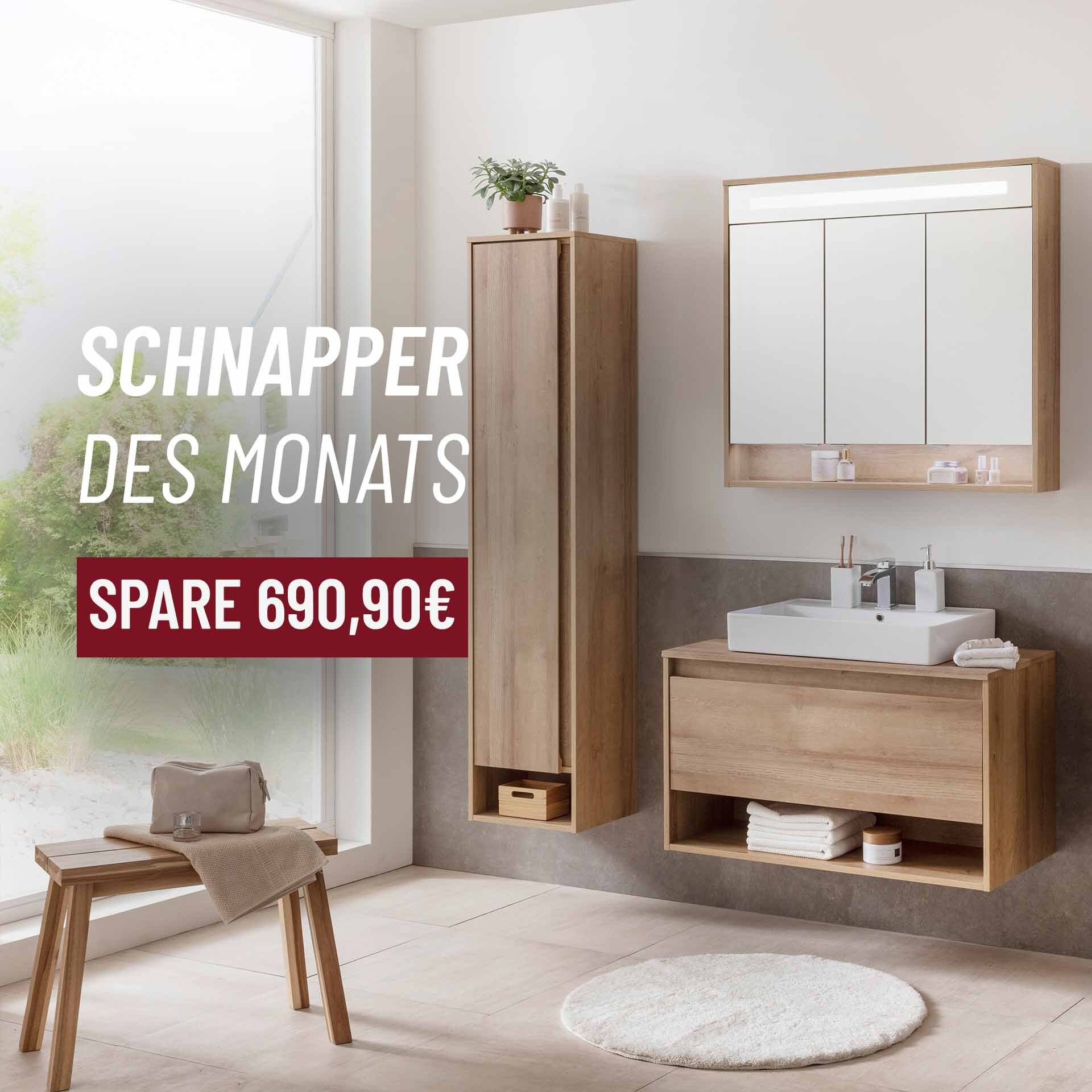 Fackelmann NATURA Badmöbel Set 4-teilig, 94 cm, Braun hell + Spiegelschrank + Hochschrank links