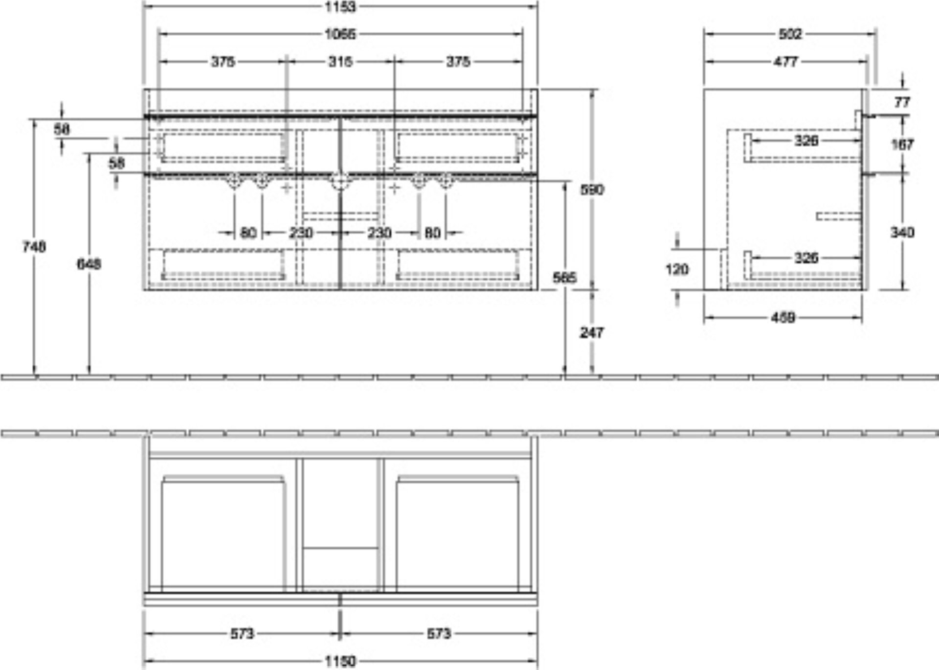 VILLEROY & BOCH VENTICELLO Waschbeckenunterschrank 115 cm breit, Weiß, Griff Chrom, 4 Schubladen, 2 Hahnlöcher