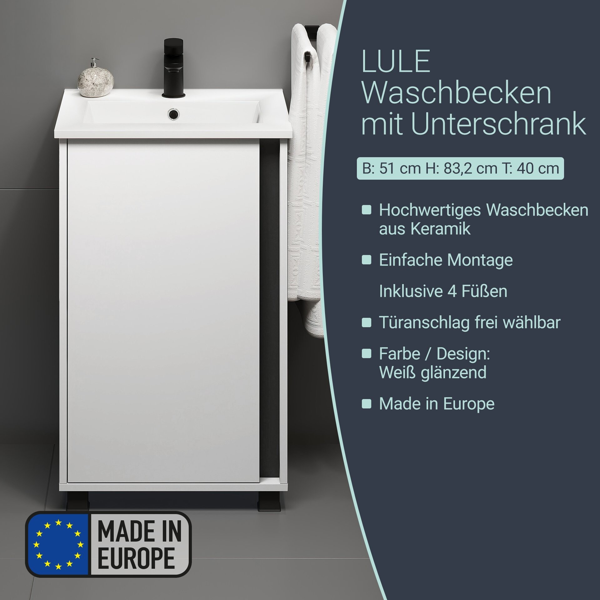 BADEDU LULE Gäste WC Waschtisch Set 51 cm breit, Weiß, Waschbecken Keramik Weiß, mit Füßen