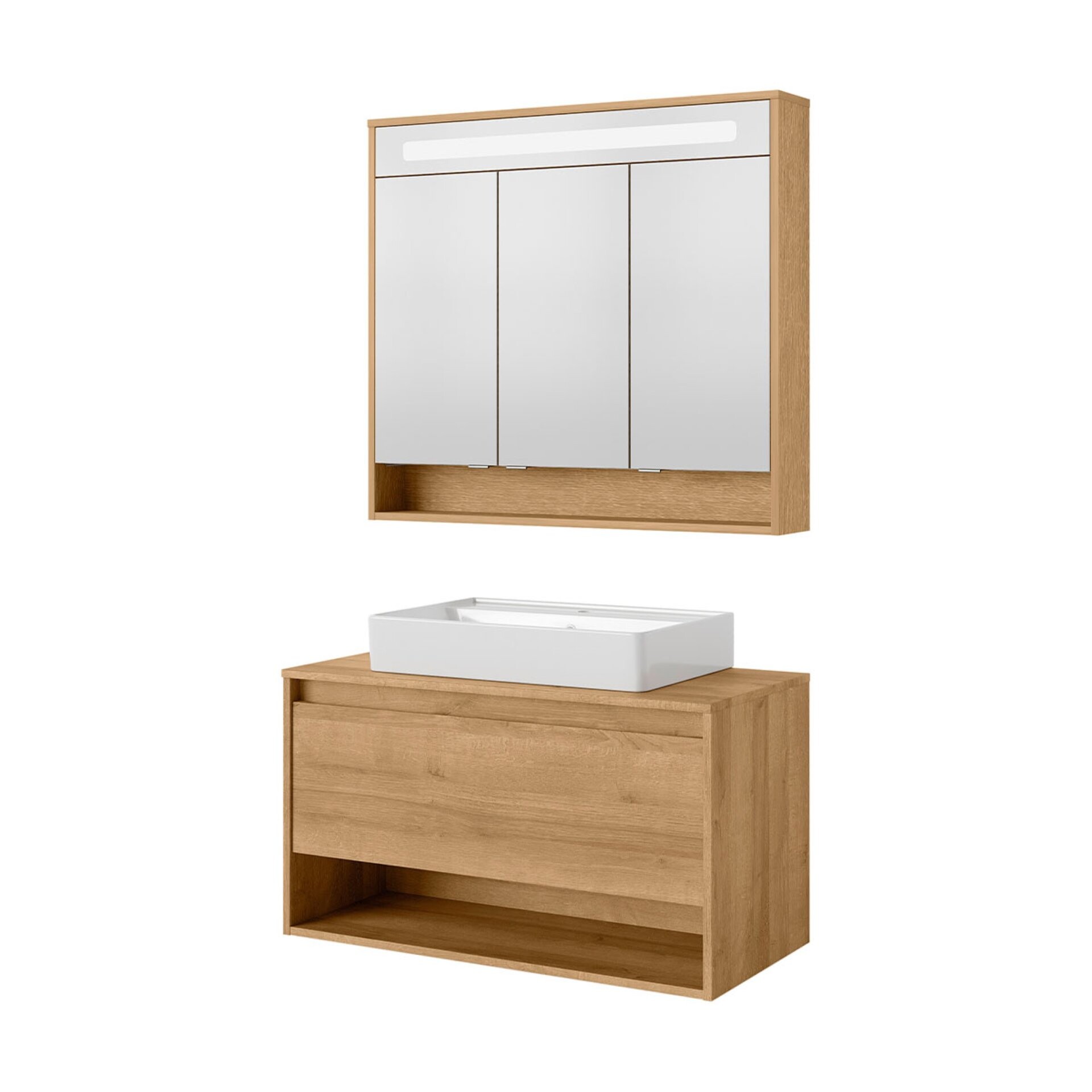 Fackelmann NATURA Badmöbelset 3-teilig, Keramikbecken, LED Spiegelschrank, 94 cm breit, Braun hell Fackelmann NATURA Badmöbelset 3-teilig, Keramikbecken, LED Spiegelschrank, 94 cm breit, Braun hell