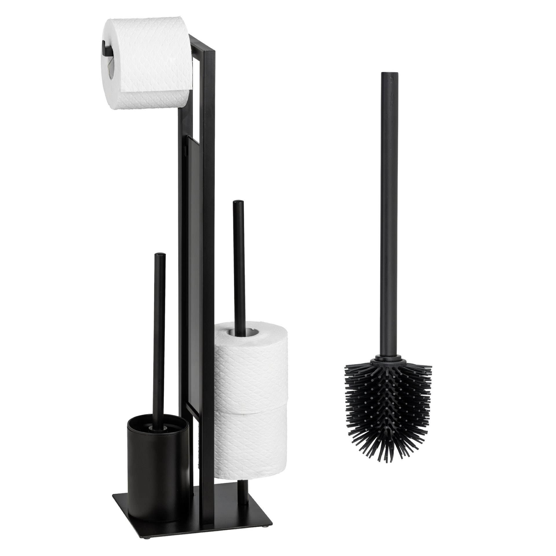 WENKO RIVALTA WC-Garnitur, Schwarz, mit Toilettenpapierhalter, Bevorrater, inklusive Ersatzbürste, stehend