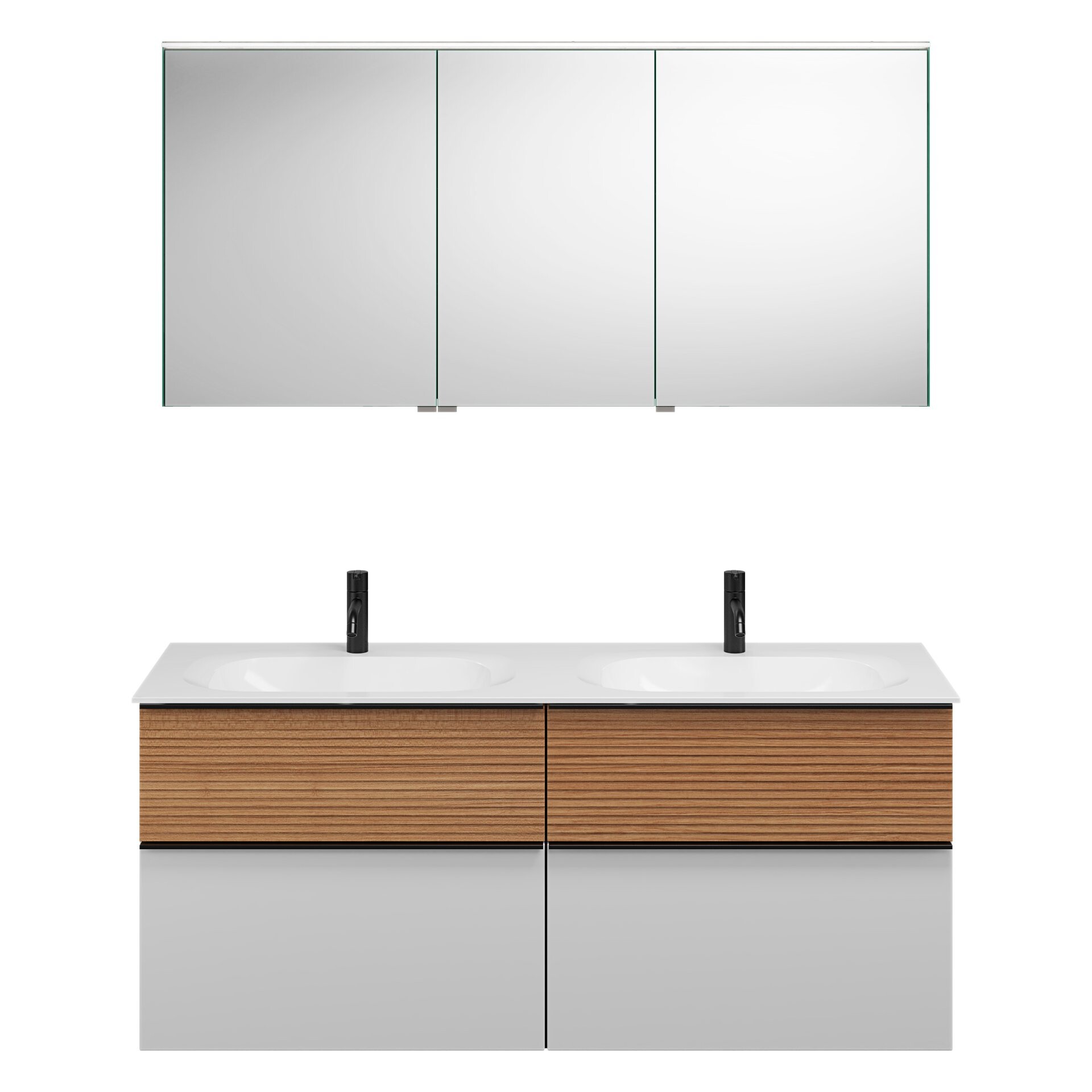 Burgbad FIUMO Waschtisch Set mit Spiegelschrank 142 cm breit, Braun/Weiß, Doppelwaschbecken Gussmarmor Weiß, 4 Schubladen, Anschlag rechts