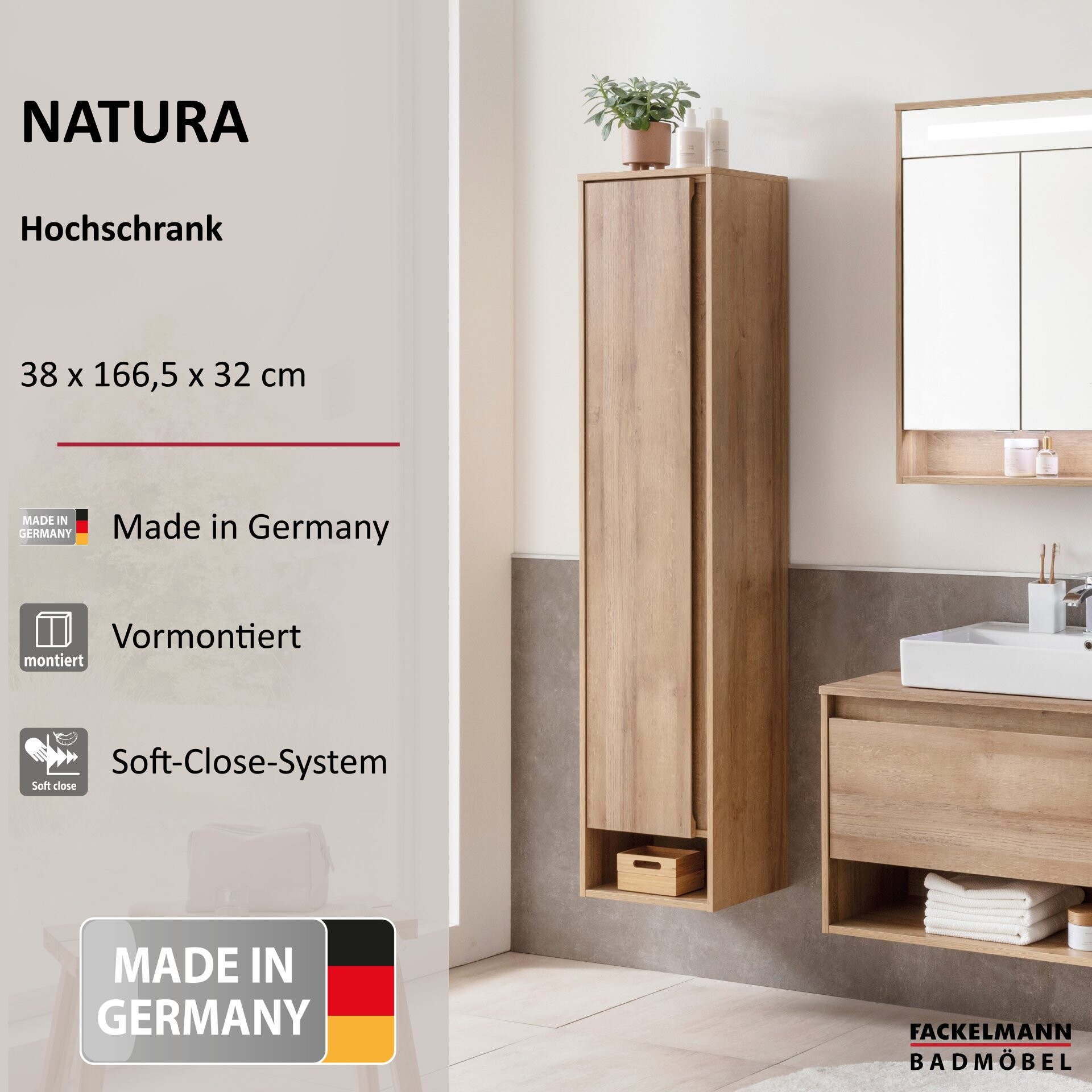 Fackelmann NATURA Hochschrank links, 38 cm breit, Braun hell