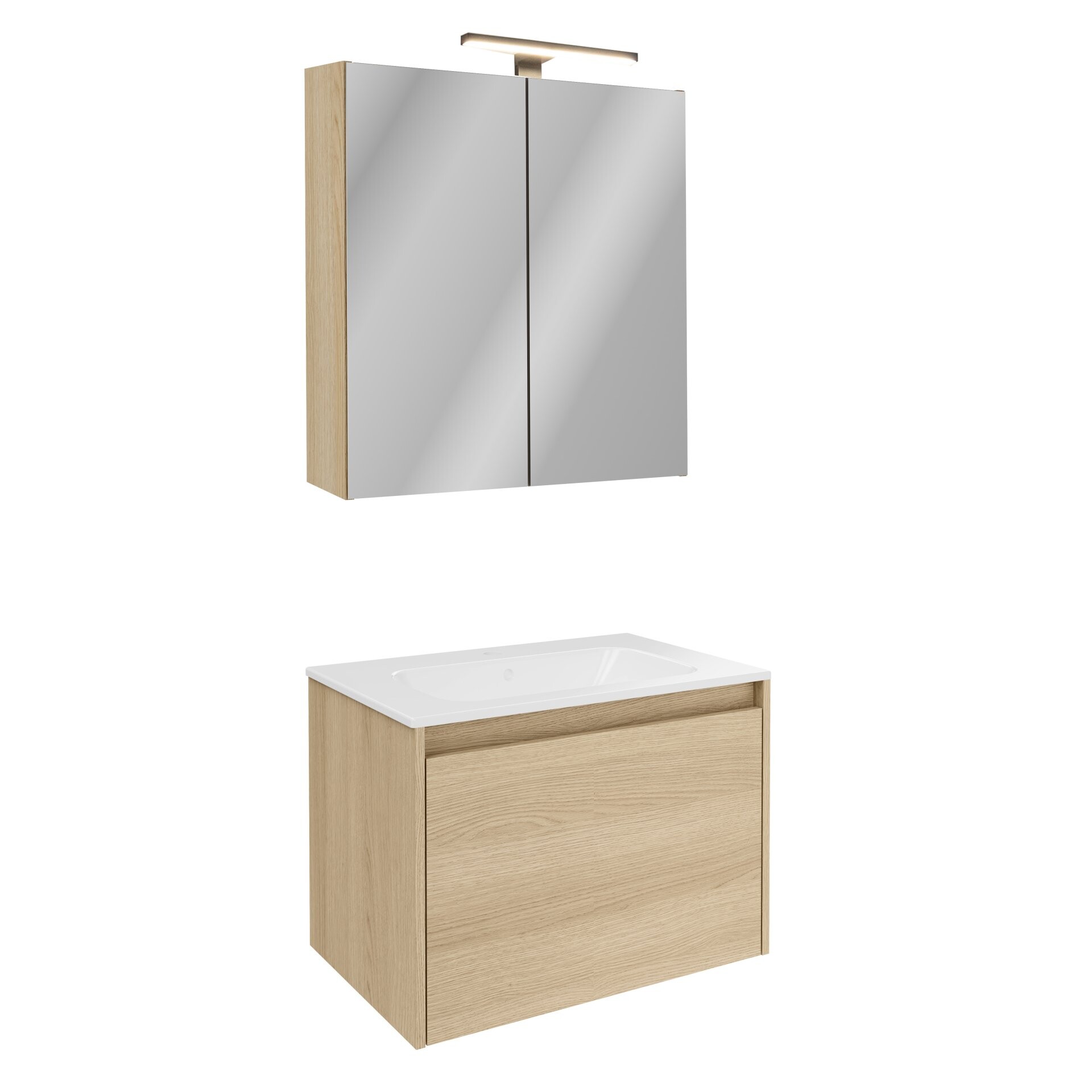 FACKELMANN COMPACT LINE Waschtisch Set mit Spiegelschrank 71 cm breit, Braun hell, Waschbecken Keramik Weiß, inklusive Aufsatzleuchte und Energie Box, 1 Schublade